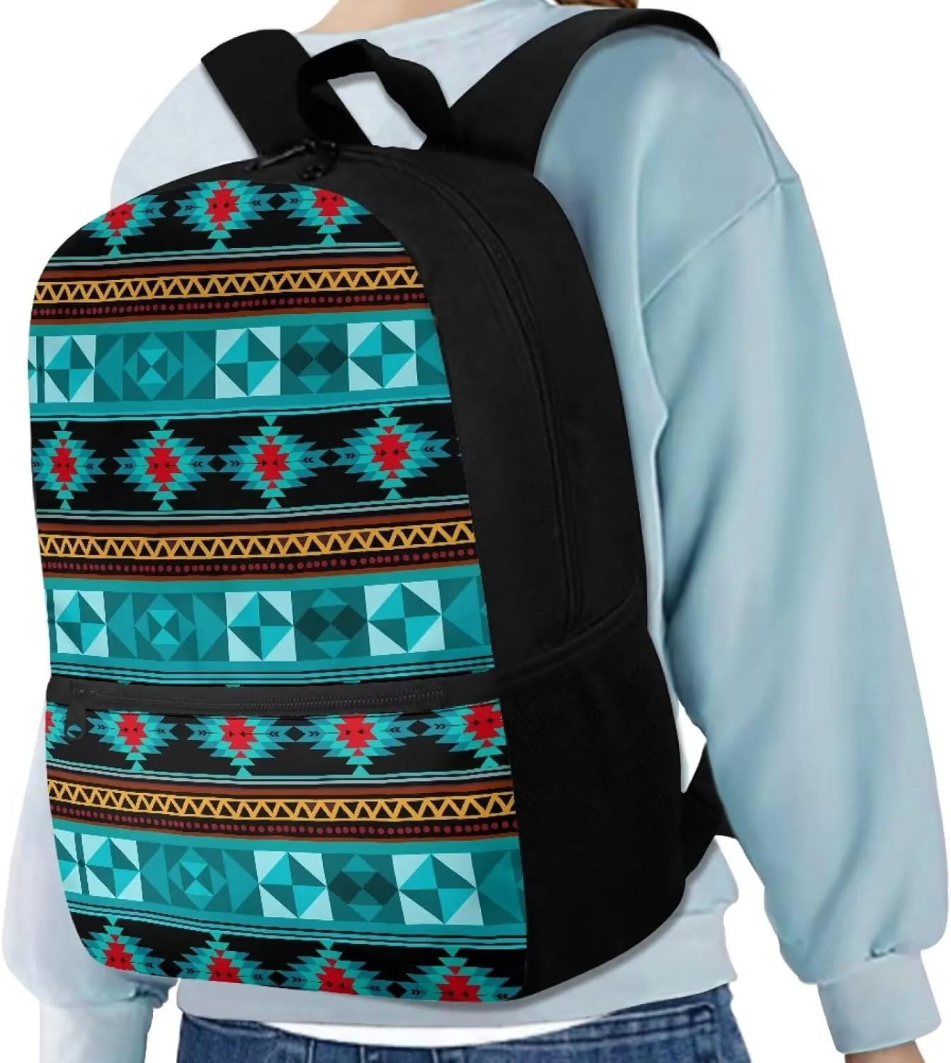Aztec Big School Backpack Large Capacity Blue Schoolbag for Boys Ages 6-12 Minimalist Print Boys Backpack with Side Mesh Pockets for Storing Water Cup