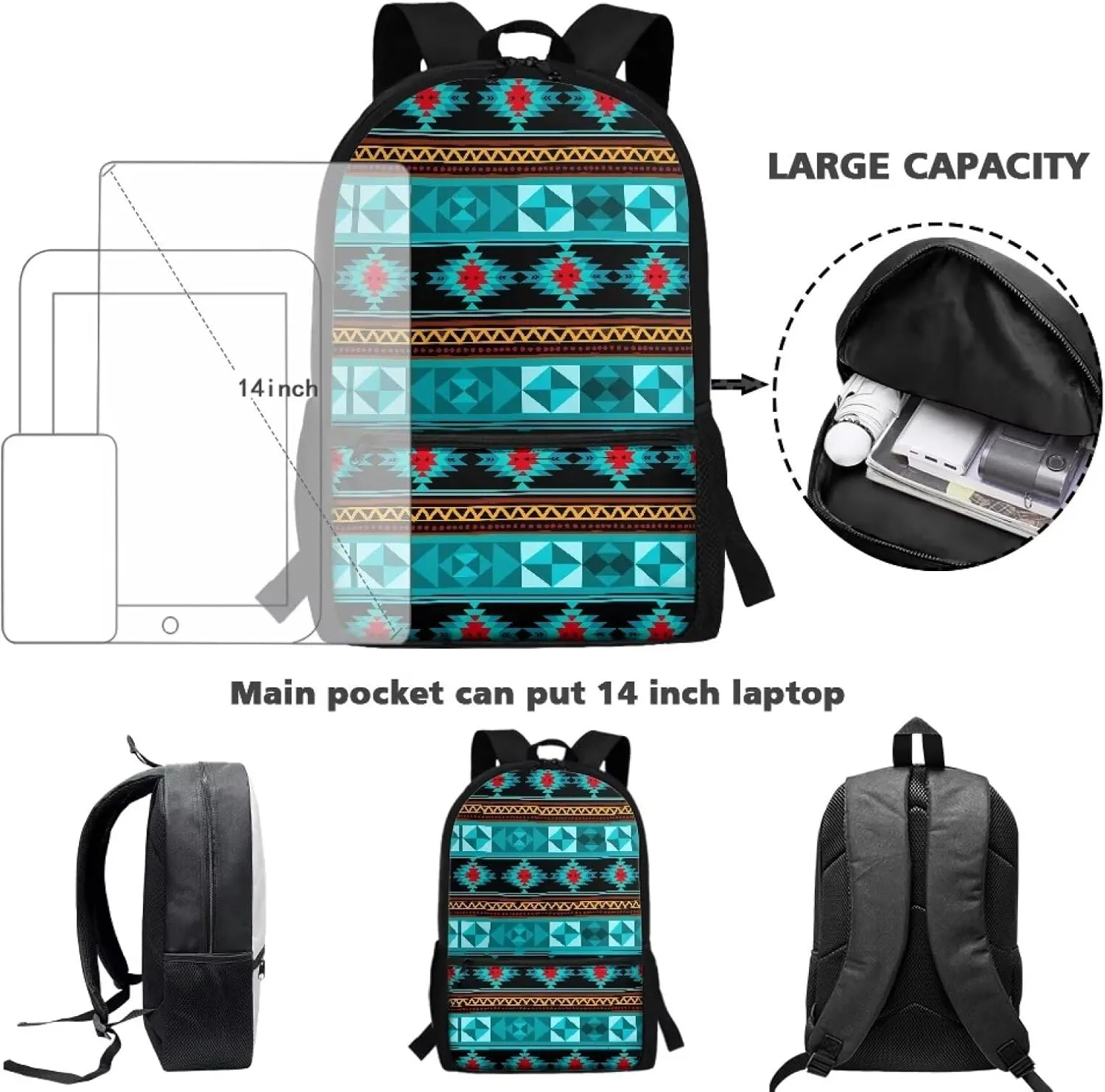 Aztec Big School Backpack Large Capacity Blue Schoolbag for Boys Ages 6-12 Minimalist Print Boys Backpack with Side Mesh Pockets for Storing Water Cup