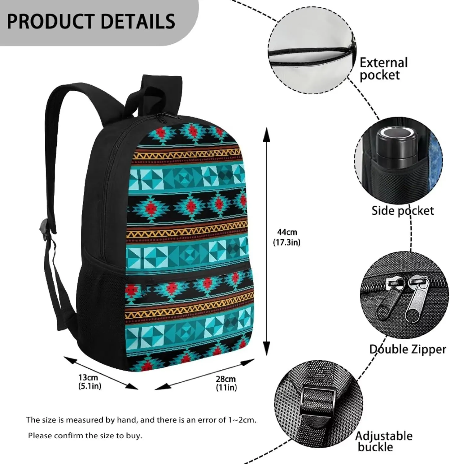 Aztec Big School Backpack Large Capacity Blue Schoolbag for Boys Ages 6-12 Minimalist Print Boys Backpack with Side Mesh Pockets for Storing Water Cup