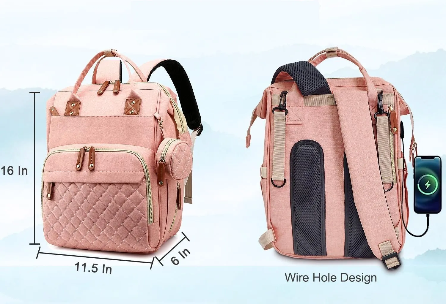 Baby Diaper Bag, Diaper Backpack, Mommy Bags with Multiple Pockets – Well-Designed, Spacious & Convenient for Parents,Waterproof, Pink