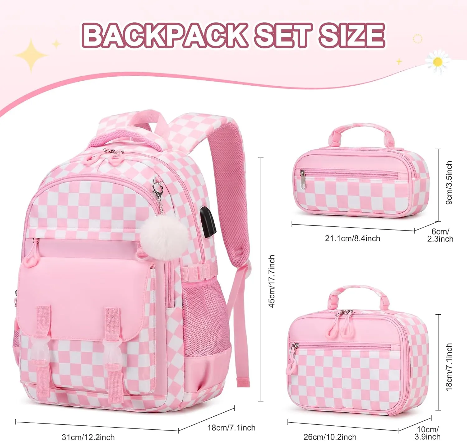 Backpack for Girls, 3PCS Girls Backpack for School with Lunch Bag Pencil Case, Kids Bookbag Kindergarten Elementary Middle School Bag with USB Charging Port