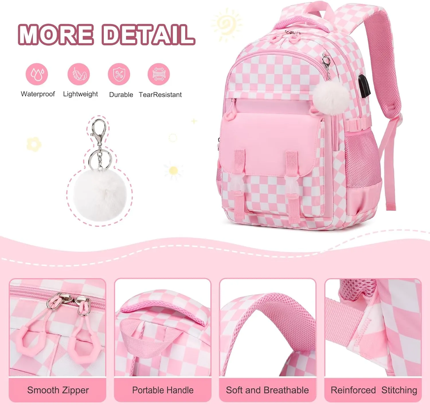 Backpack for Girls, 3PCS Girls Backpack for School with Lunch Bag Pencil Case, Kids Bookbag Kindergarten Elementary Middle School Bag with USB Charging Port