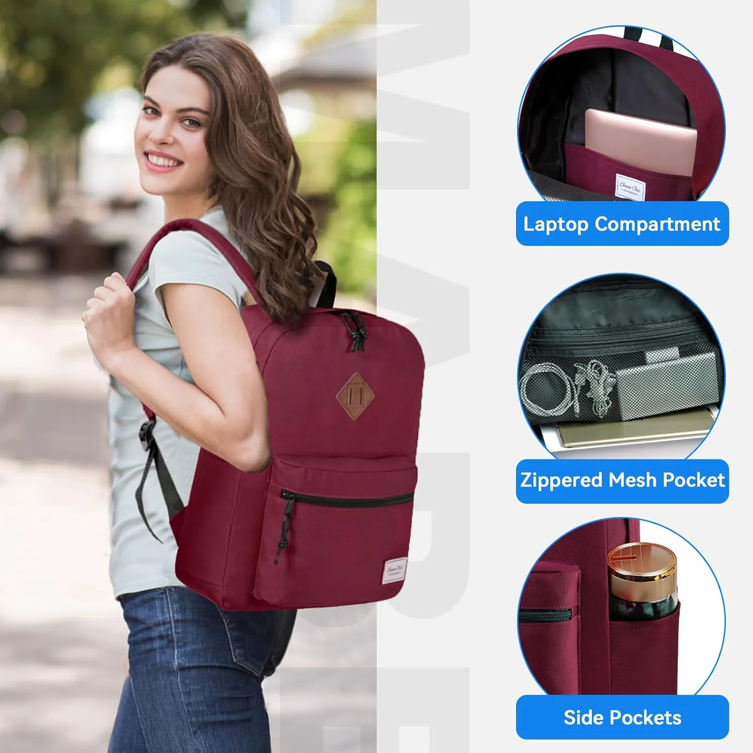 Backpack for School,ChaseChic Lightweight Water Resistant Daypack Bookbag Men Women/College/High School Teen Girls Burgundy