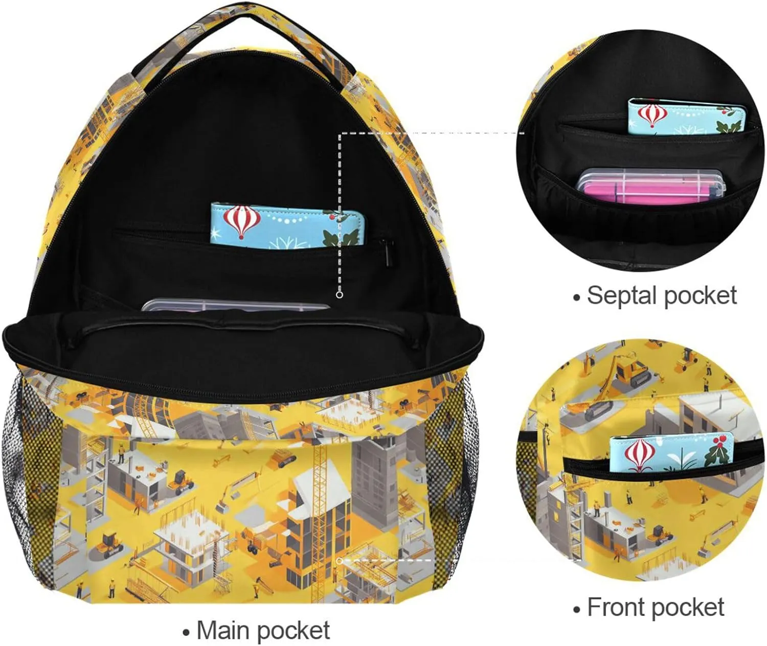 Backpack for Teenager Waterproof Personal Backpack with Chest Strap for College Work Construction Scene Concrete Mixer Truck Bulldozer