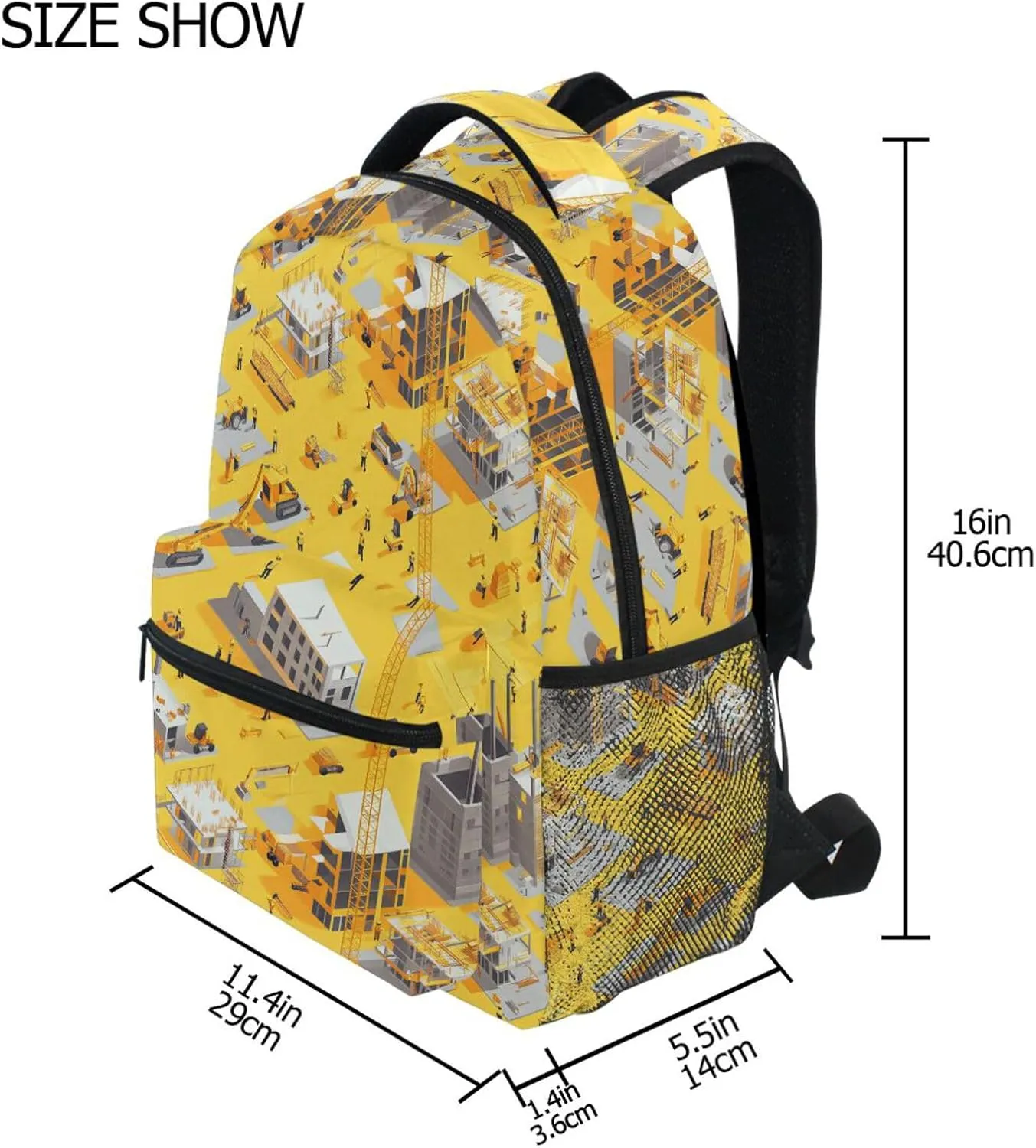 Backpack for Teenager Waterproof Personal Backpack with Chest Strap for College Work Construction Scene Concrete Mixer Truck Bulldozer