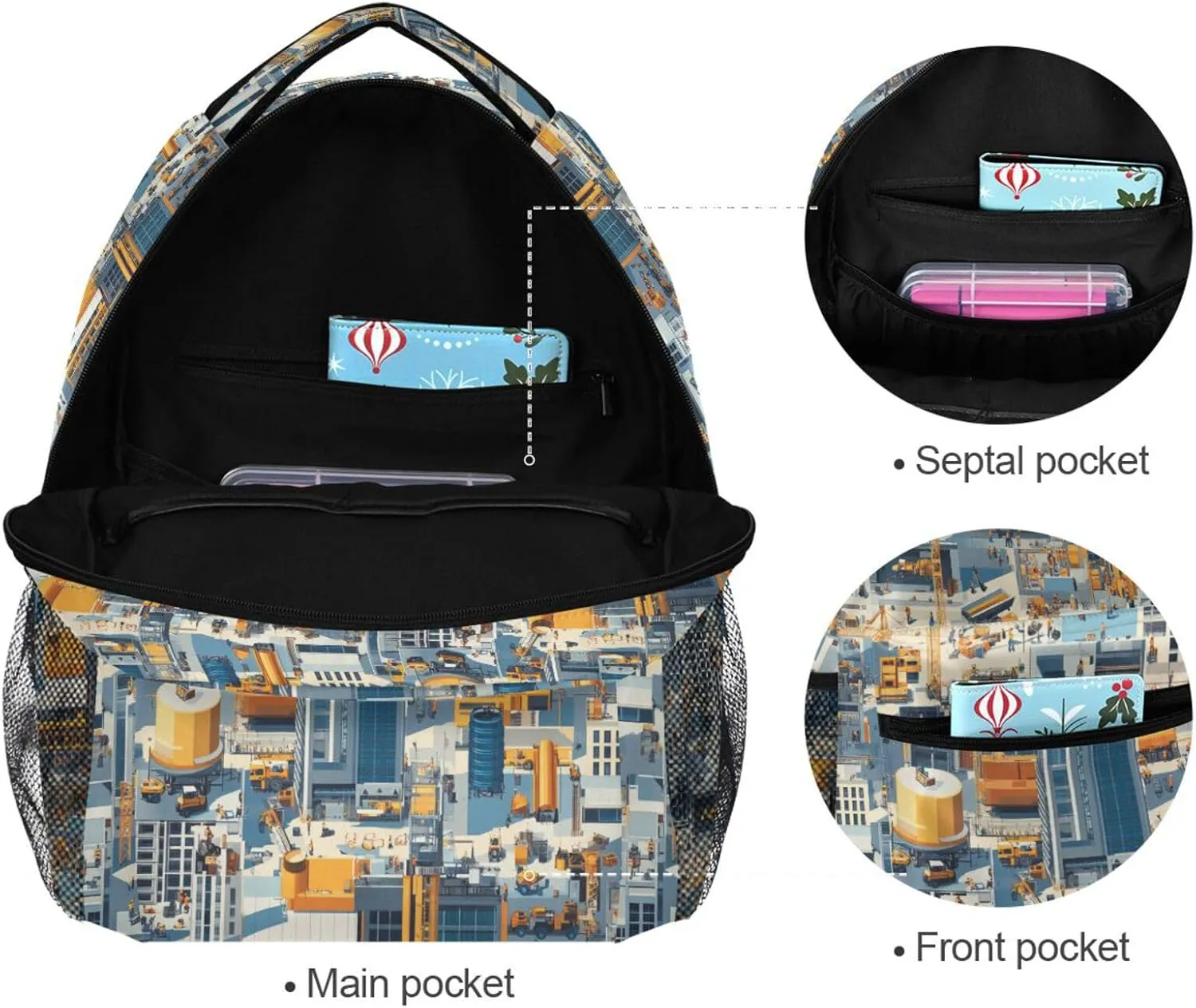 Backpack for Women Men Fashion Stylish Travel Bags with Chest Strap for Travel Trip Construction Scene Build Tall Buildings Bulldozer