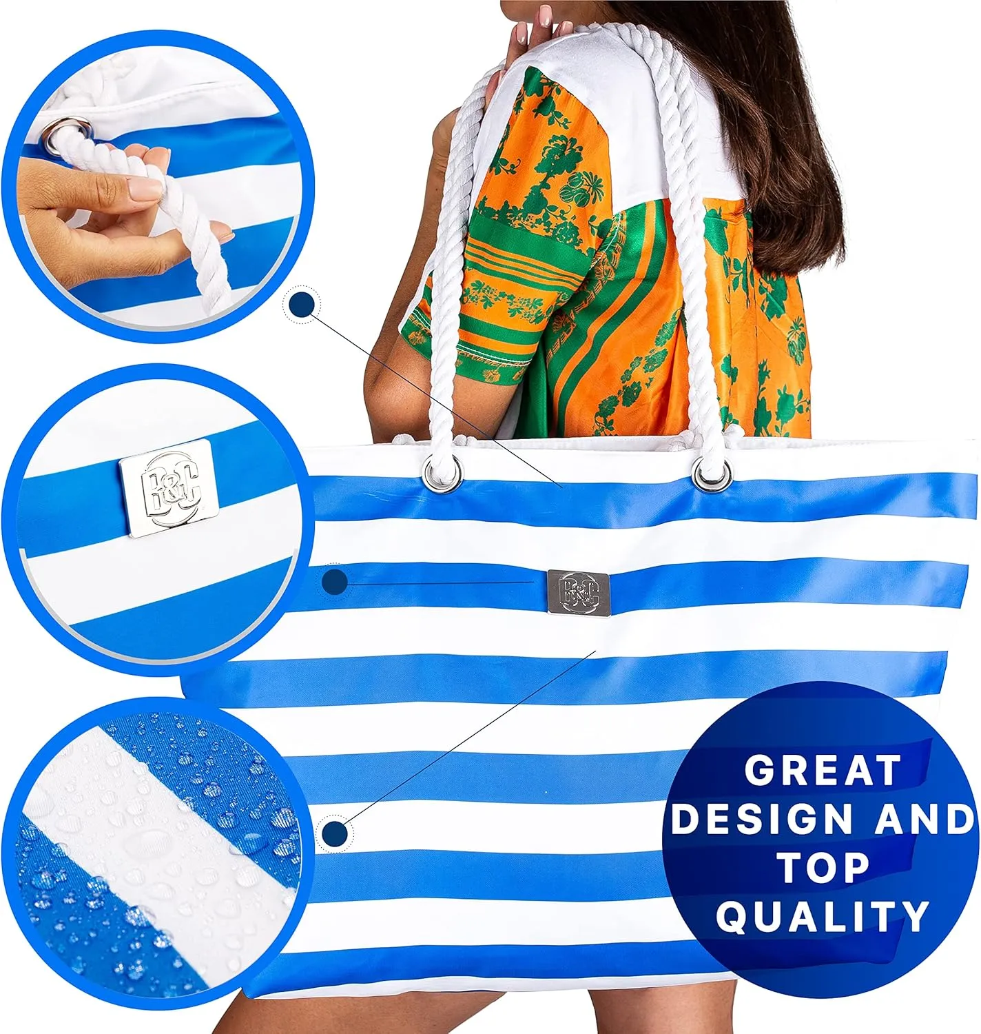 Bag&Carry Large Beach Tote Bag With Zipper - XL Beach Bags Waterproof Sandproof - Oversized Beach Bag With Pockets
