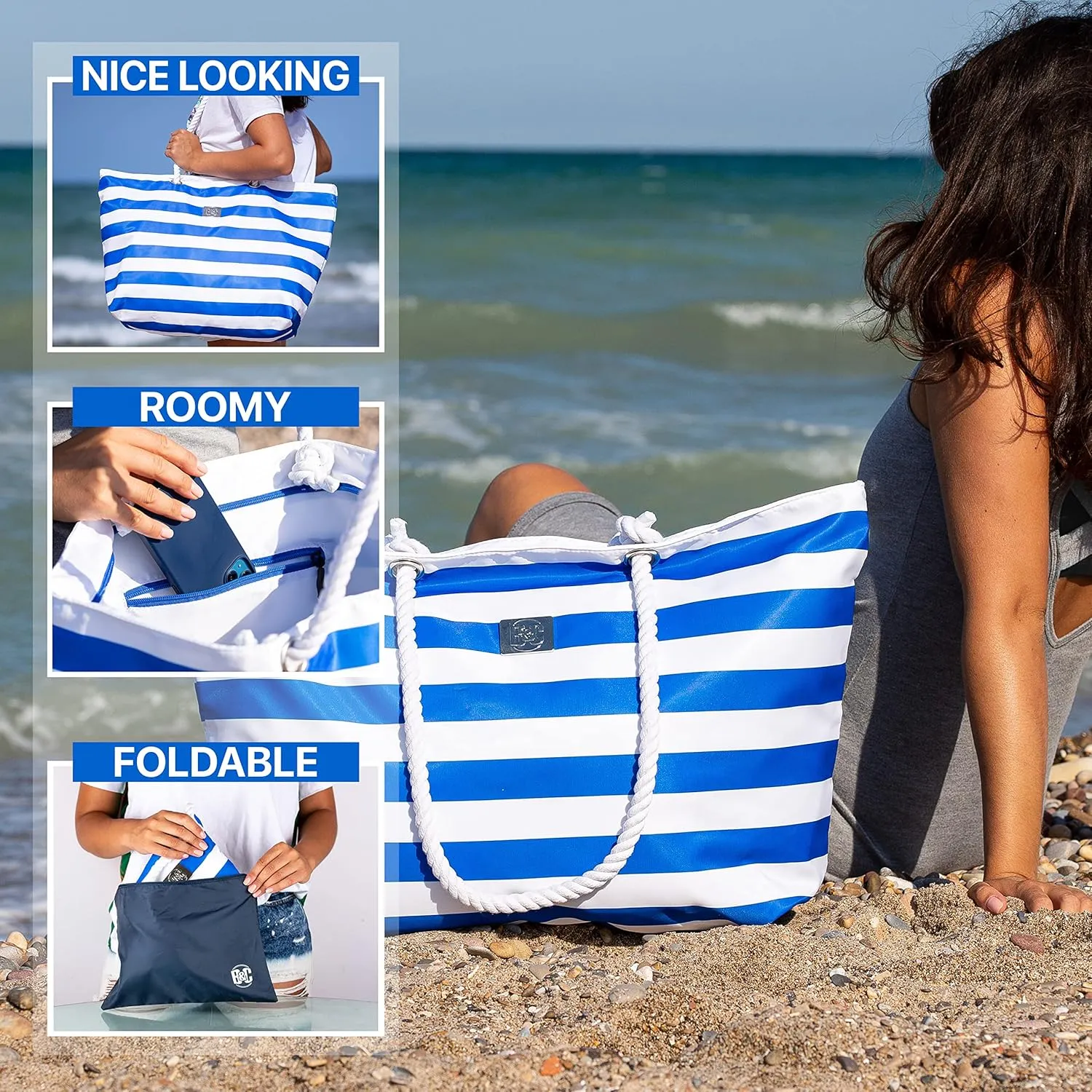 Bag&Carry Large Beach Tote Bag With Zipper - XL Beach Bags Waterproof Sandproof - Oversized Beach Bag With Pockets