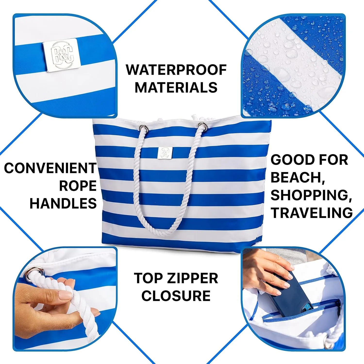 Bag&Carry Large Beach Tote Bag With Zipper - XL Beach Bags Waterproof Sandproof - Oversized Beach Bag With Pockets