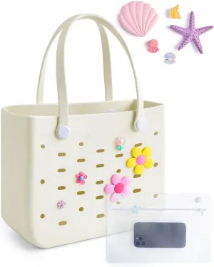 BAGSMART Beach Bag for Women, Water-resistant Rubber Tote Bag, Sandproof Vacation Essentials for Summer Swim Cruise Pool