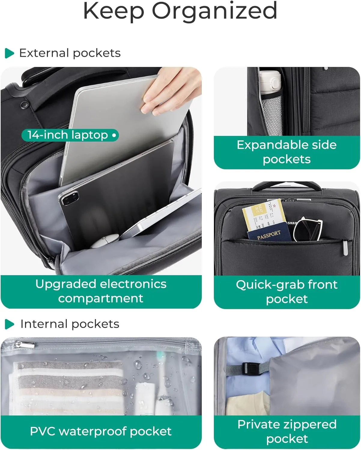 BAGSMART Underseat Carry on Luggage with Wheels, Soft Underseat Travel Luggage with PVC Wet/Dry Pockets, Lightweight Soft Personal Item Suitcase for Short Trip, Black