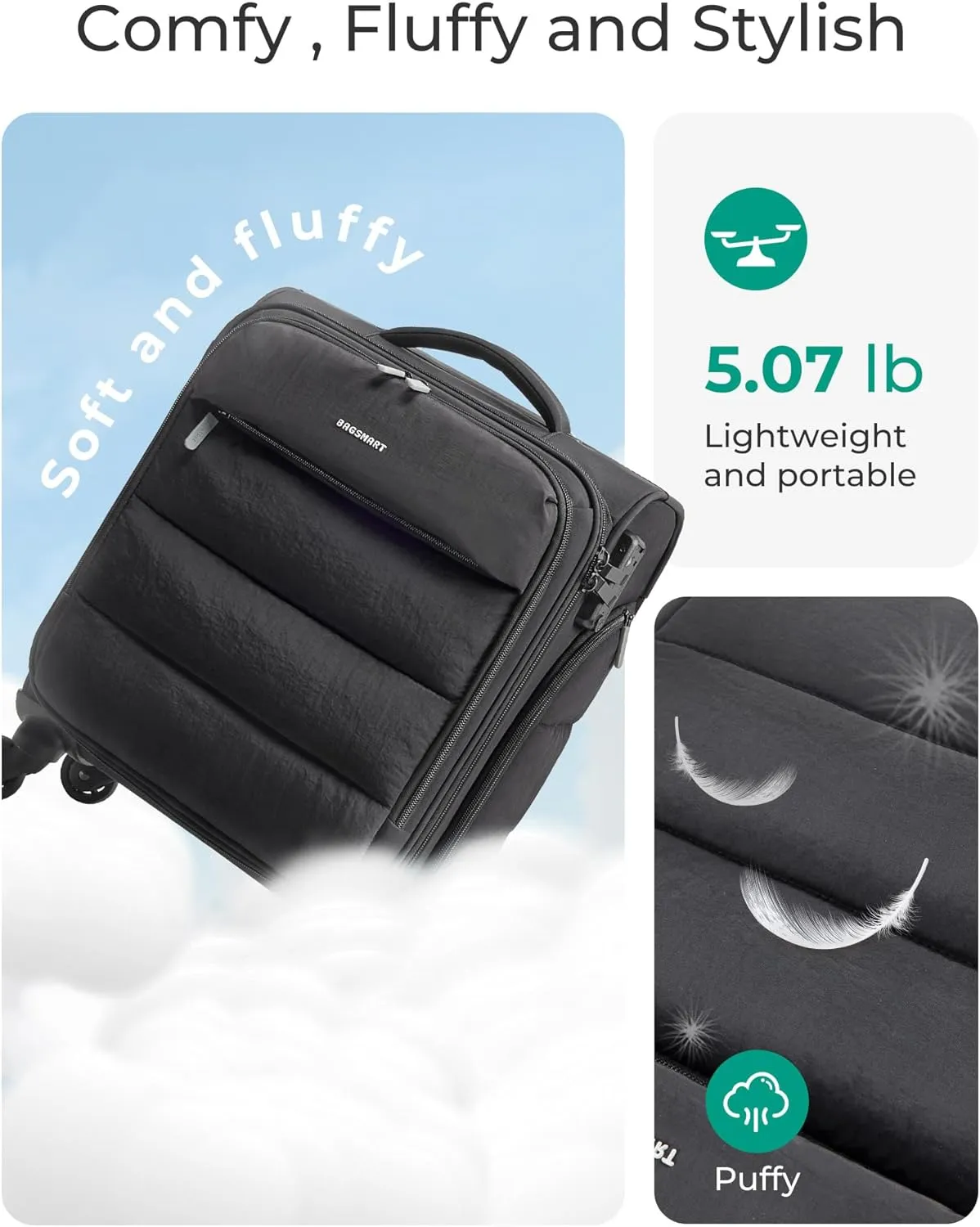 BAGSMART Underseat Carry on Luggage with Wheels, Soft Underseat Travel Luggage with PVC Wet/Dry Pockets, Lightweight Soft Personal Item Suitcase for Short Trip, Black