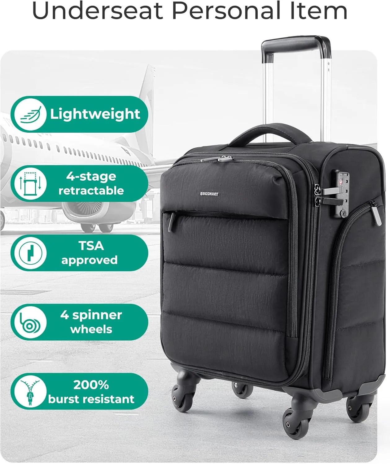 BAGSMART Underseat Carry on Luggage with Wheels, Soft Underseat Travel Luggage with PVC Wet/Dry Pockets, Lightweight Soft Personal Item Suitcase for Short Trip, Black