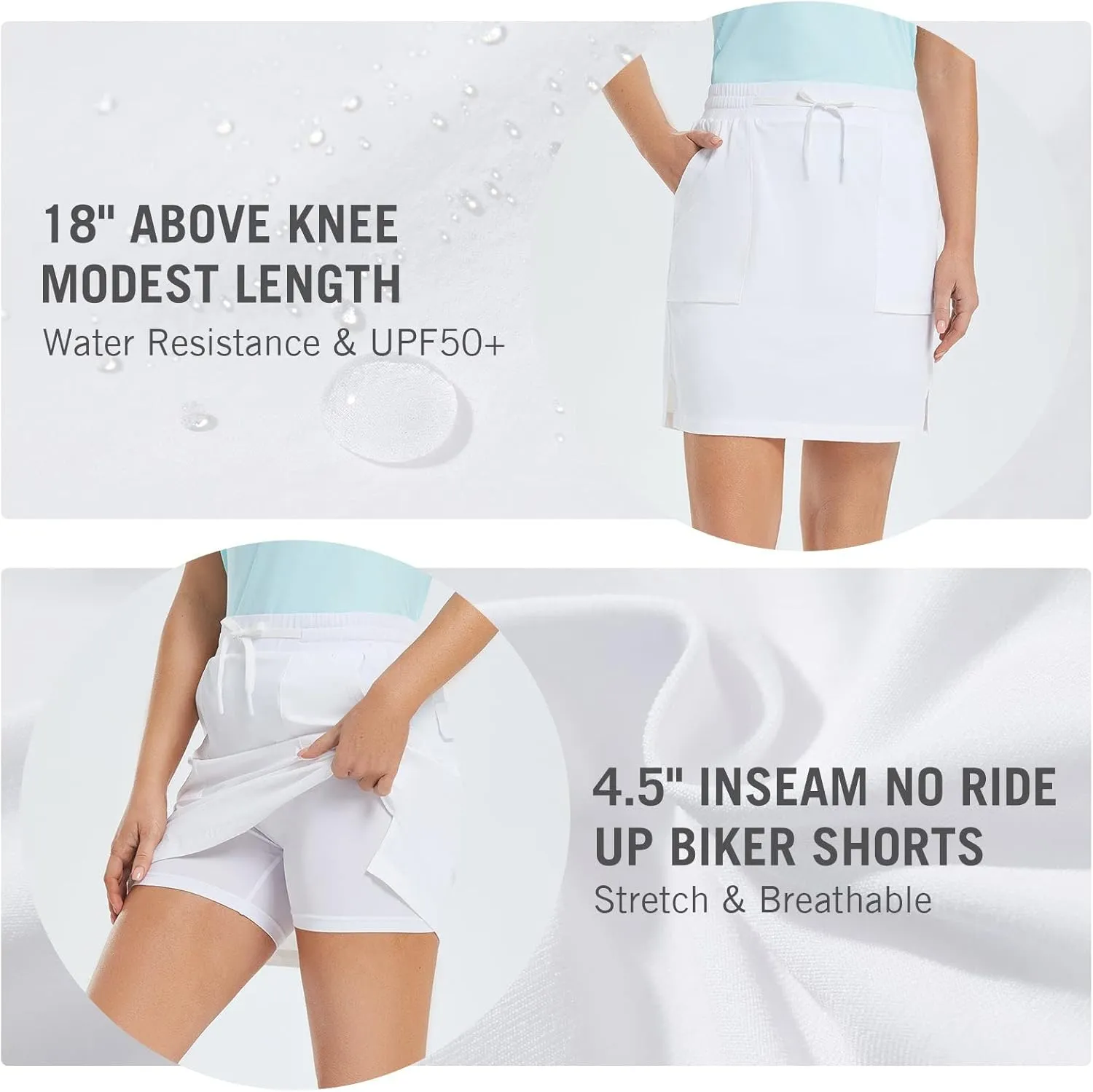 baleaf Women's Golf Skort 18" Knee Length Skirt with Biker Shorts Pockets Stretch Elastic Waist for Tennis Hiking