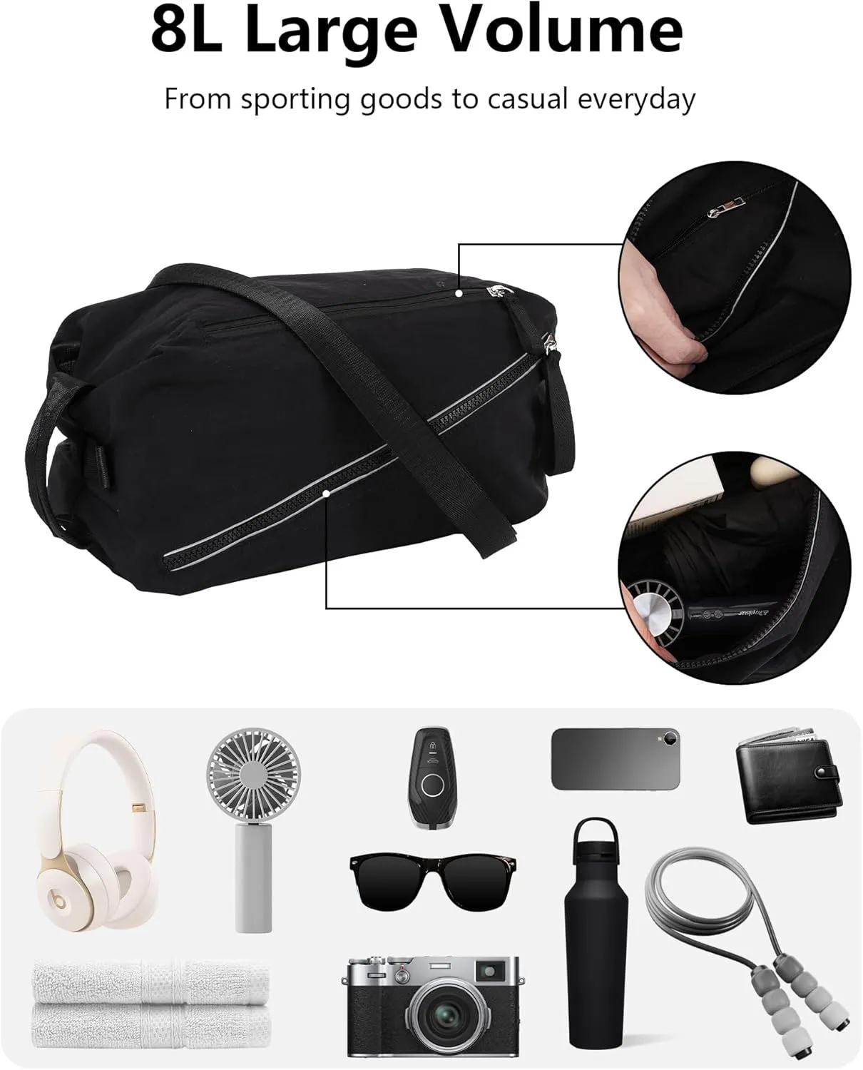 BAPHITY Small Gym Bag for Women Men,Cute Lightweight Duffle Crossbody Weekender Bags,Mini Waterproof Sport Sling Workout 3 in 1 Bags,Suitable for Gym Work Swimming Yoga Fitness Travel - Black (8L)