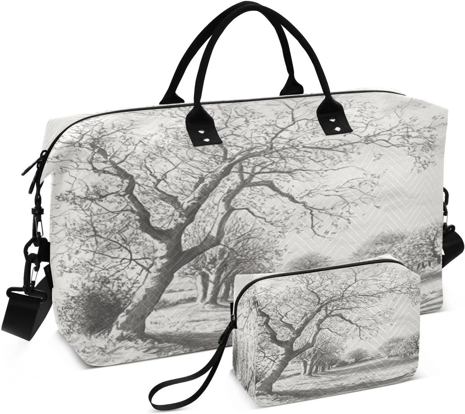 Bare Trees Sketch Gray Sports Gym Bag for Women Men Travel Duffel Bag Weekend Overnight Carry on Bag with Toiletry Bag for Swimming Yoga Workout Plane Hospital
