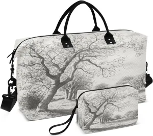 Bare Trees Sketch Gray Sports Gym Bag for Women Men Travel Duffel Bag Weekend Overnight Carry on Bag with Toiletry Bag for Swimming Yoga Workout Plane Hospital