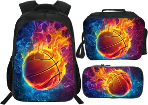 Basketball Backpack Kids Sports Bookbag 16inch Schoolbag With Lunch Box Bag And Pencil Case Set For Boys Girls