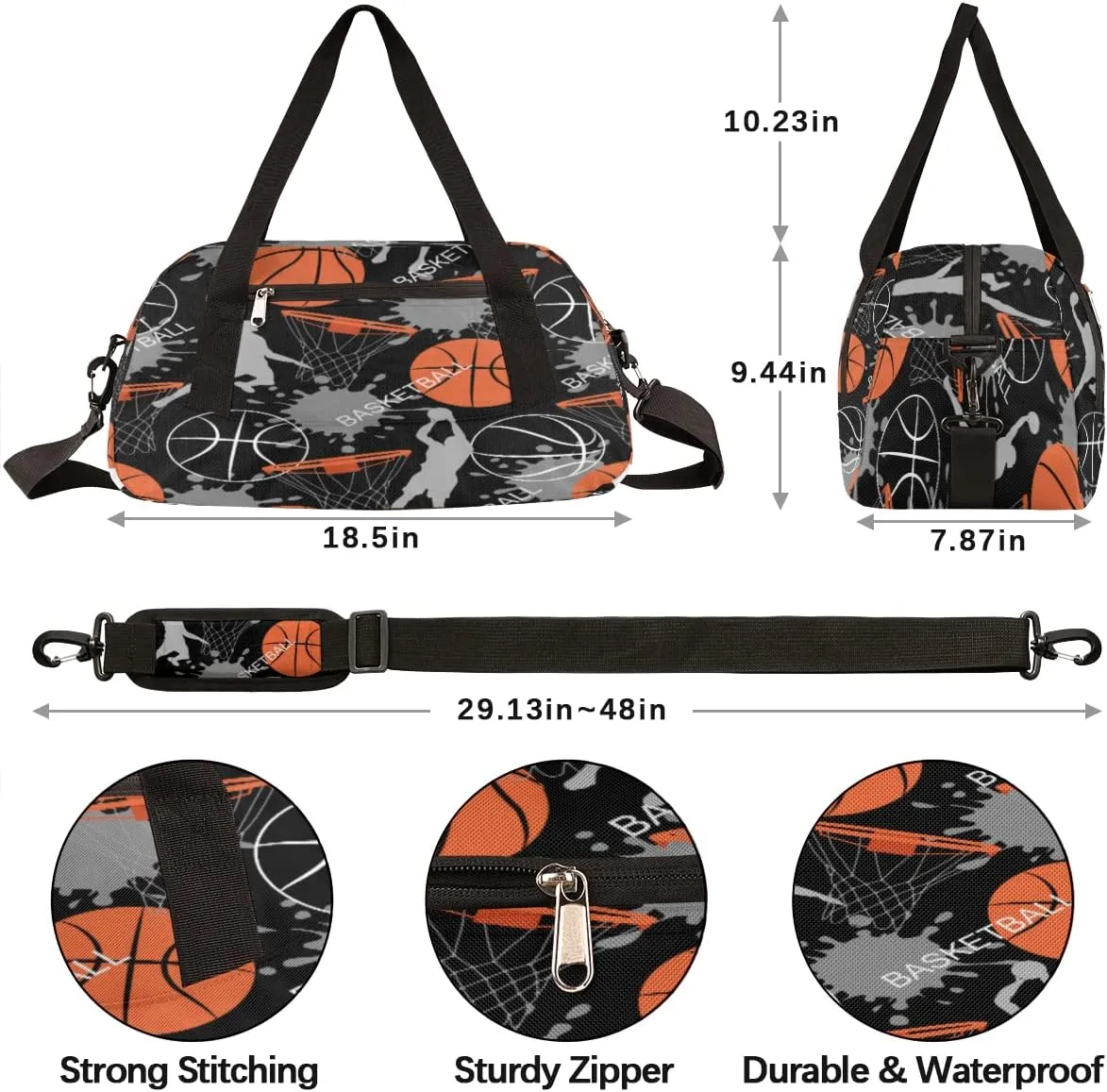 Basketball Pattern Kids Duffel Bag,Basketball Theme Sport Gym Bag for Boys Girls Teen,Weekender Overnight Tote Bag Carry On Travel Duffel Bag for School Gymnastic Ballet