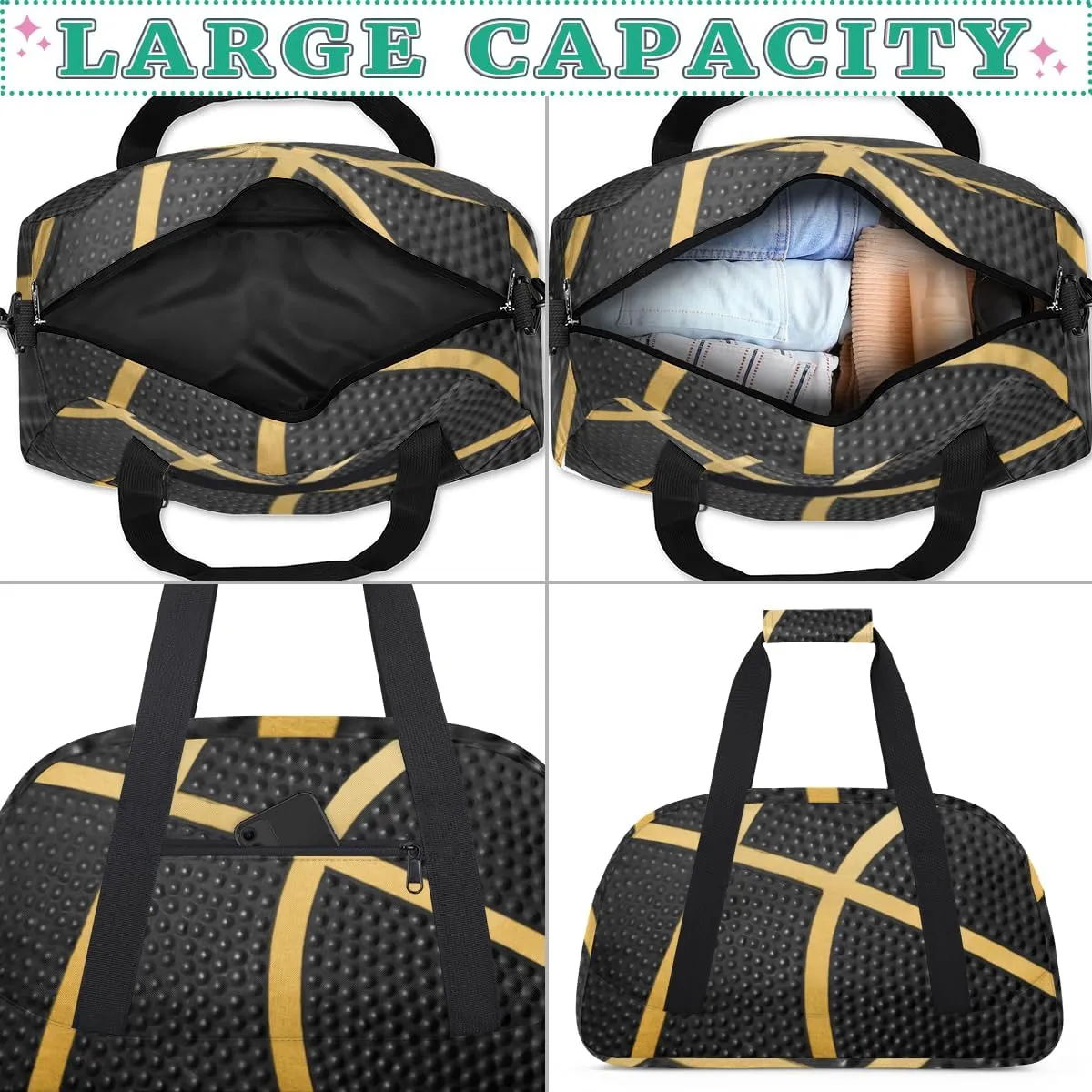 Basketball Textured Black Boys Girls Gym Bag Dance Perform Training Duffel Bags Weekender Carry-On Tote Luggage Bag Ideal for School Practice or Overnight Trips Basketball