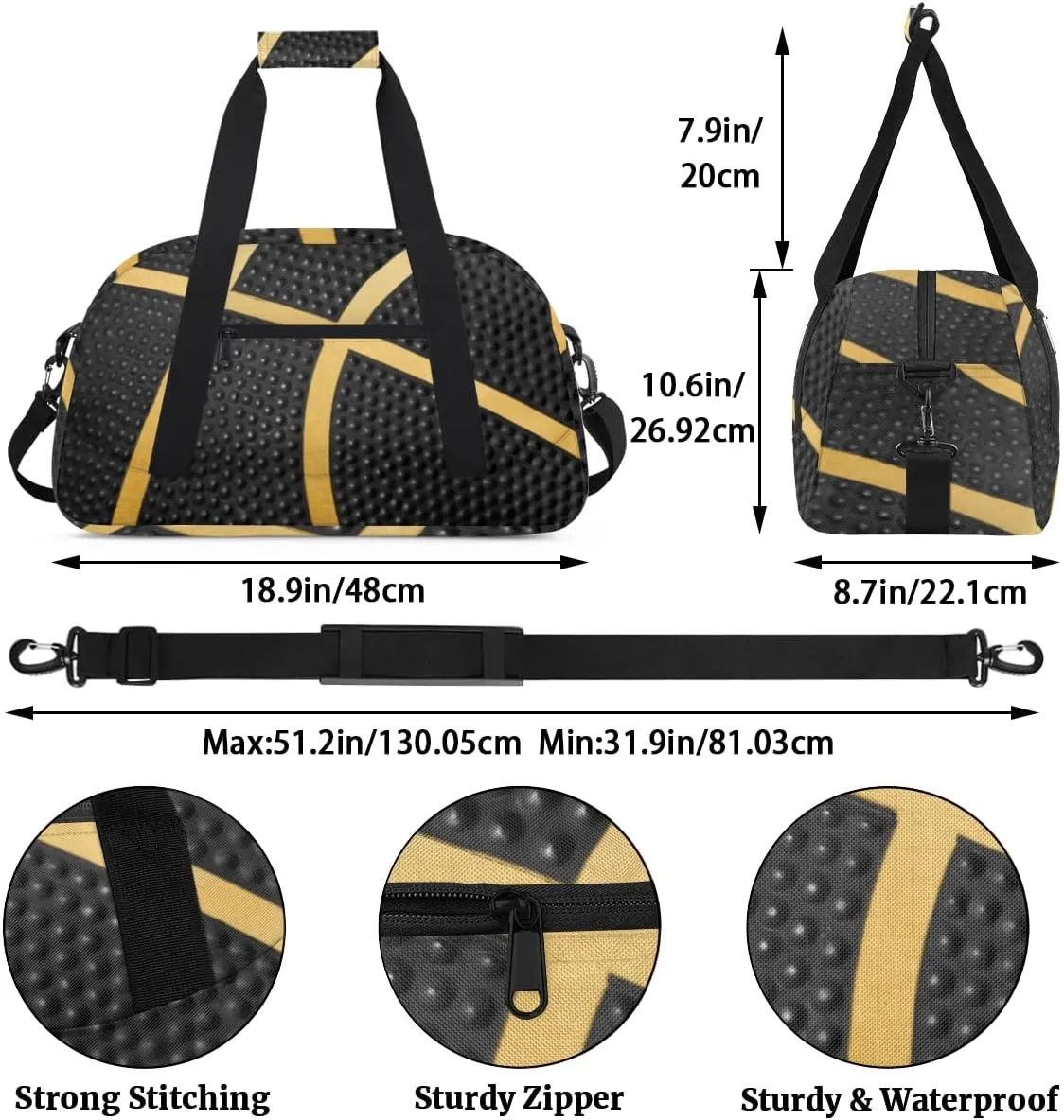 Basketball Textured Black Boys Girls Gym Bag Dance Perform Training Duffel Bags Weekender Carry-On Tote Luggage Bag Ideal for School Practice or Overnight Trips Basketball