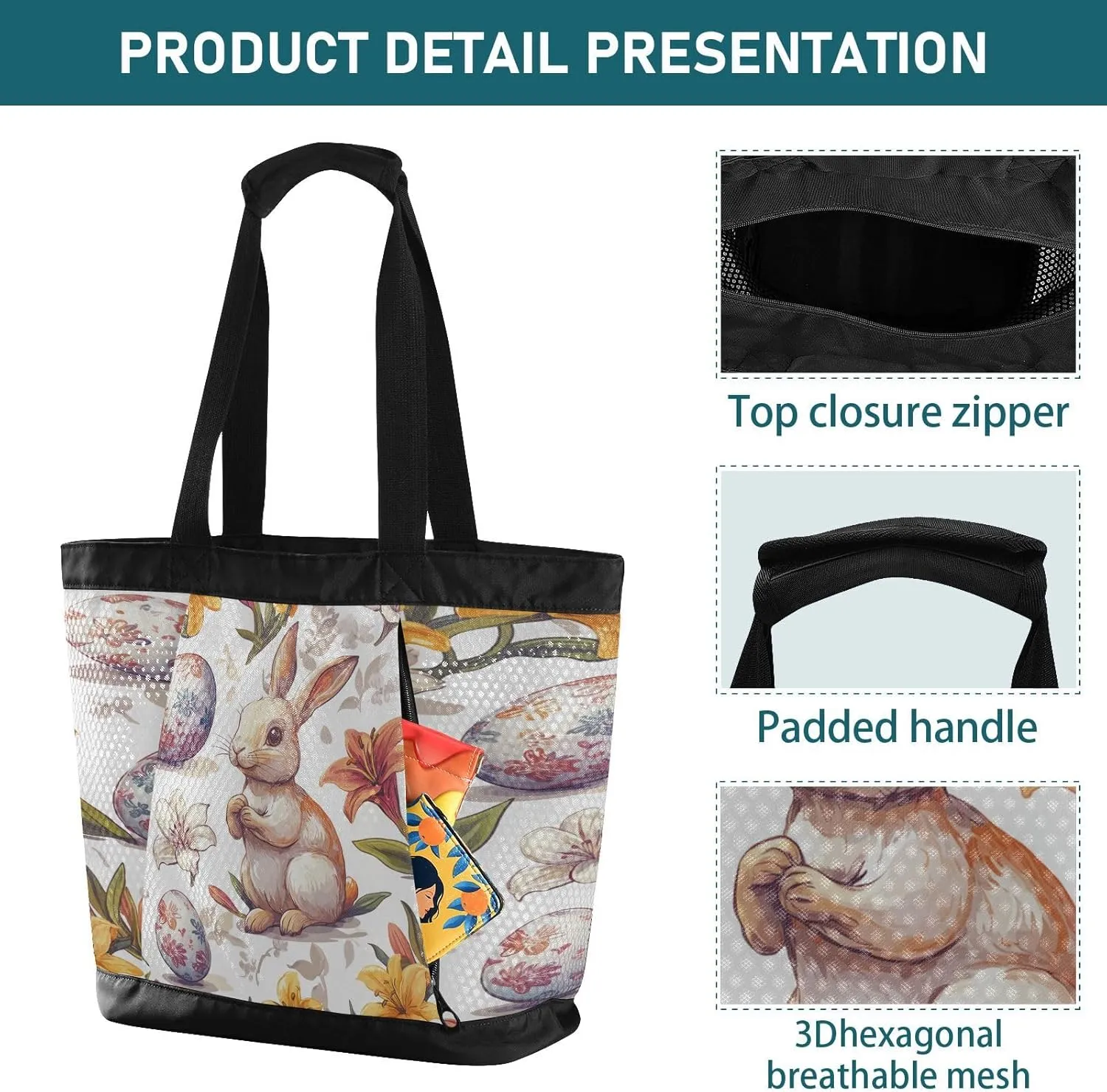 Beach Bag for Women Waterproof Sandproof Mesh Beach Tote Bag with Zipper and Pockets 1F