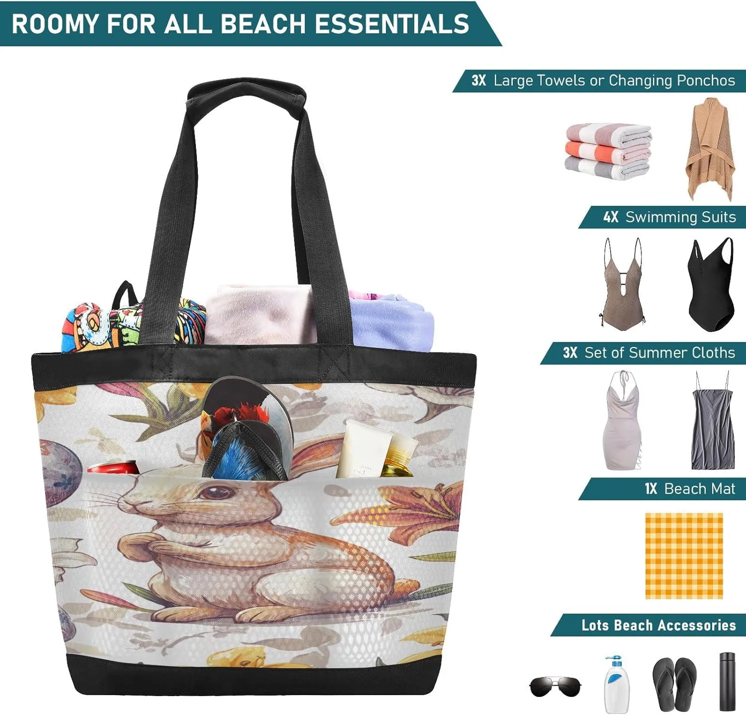 Beach Bag for Women Waterproof Sandproof Mesh Beach Tote Bag with Zipper and Pockets 1F