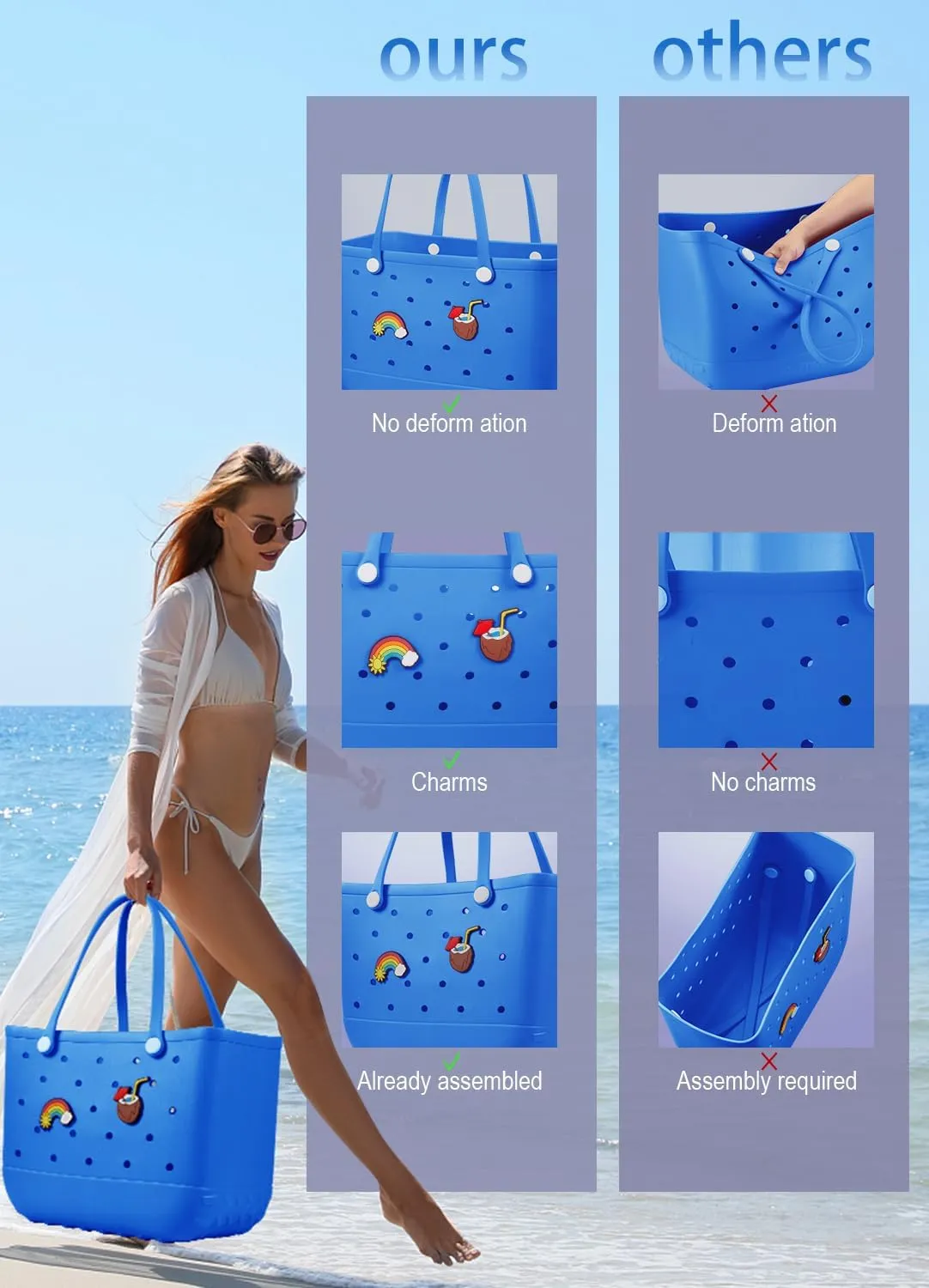 Beach Bag Rubber Tote Bag - Waterproof Travel Bag for Women Washable Tote Bag Handbag for Sports Beach Market Pool