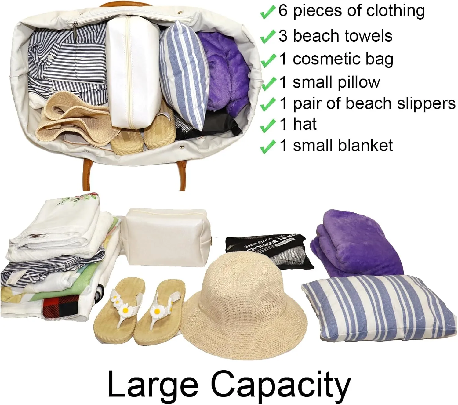 Beach Bag with Vegan Leather Handle, Extra Large Beach Bag for Women Waterproof Sandproof, White