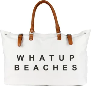 Beach Bag with Vegan Leather Handle, Extra Large Beach Bag for Women Waterproof Sandproof, White