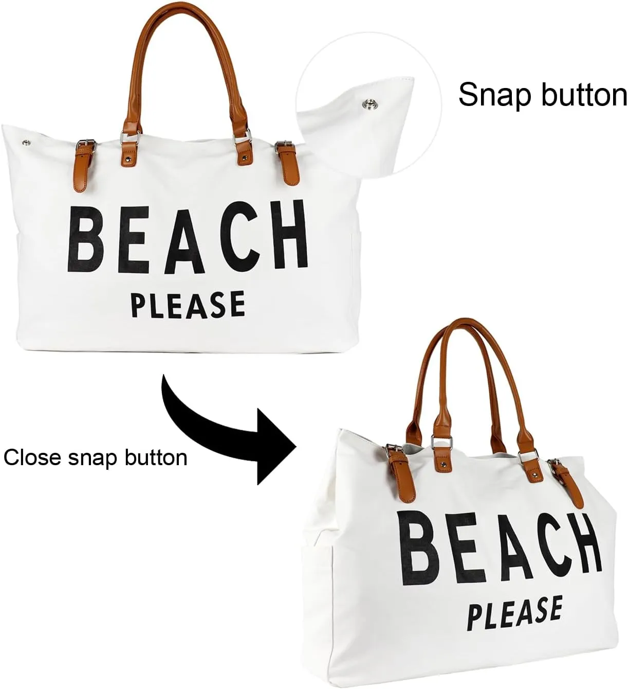 Beach Bag with Vegan Leather Handle, Extra Large Beach Bag for Women Waterproof Sandproof, White