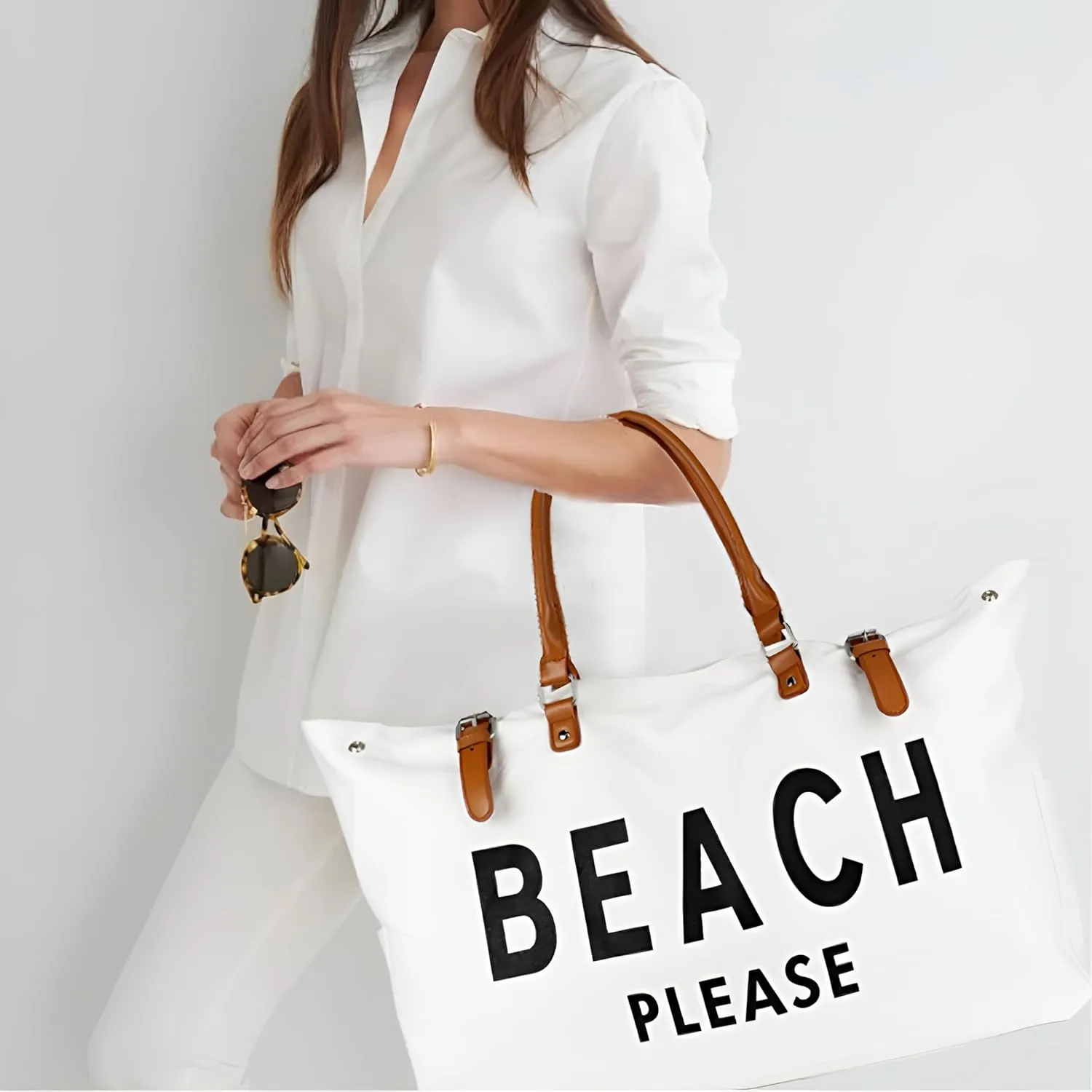 Beach Bag with Vegan Leather Handle, Extra Large Beach Bag for Women Waterproof Sandproof, White