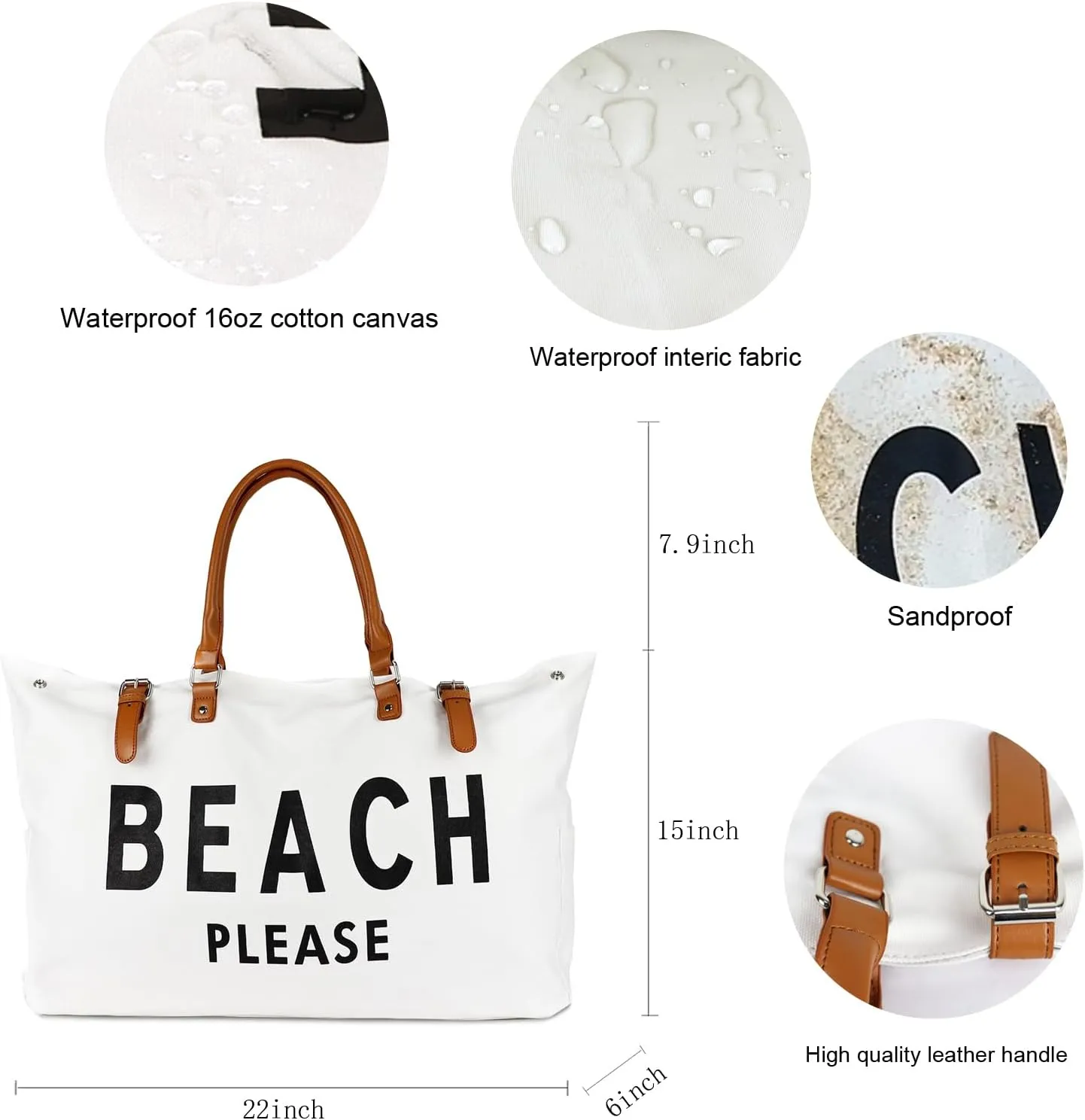 Beach Bag with Vegan Leather Handle, Extra Large Beach Bag for Women Waterproof Sandproof, White