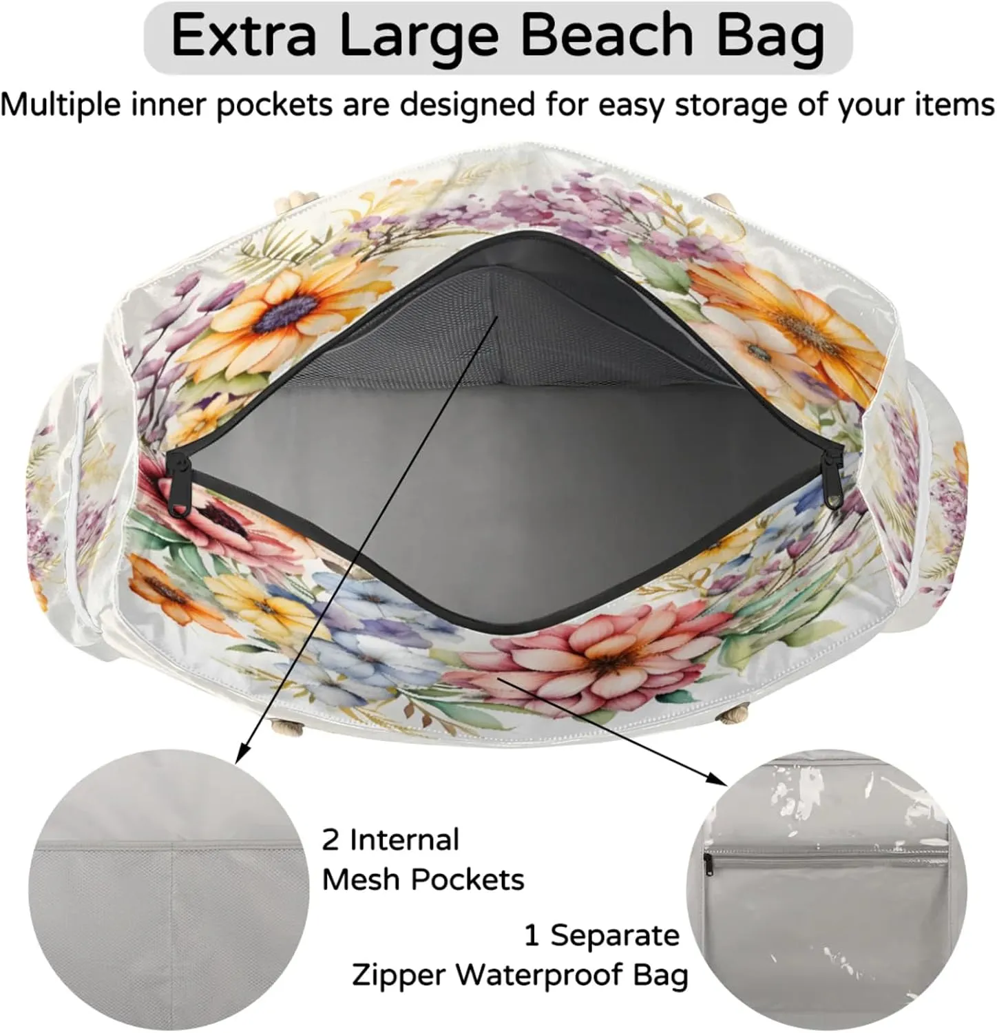 Beach Bags for Women Large Beach Tote Bag, Waterproof Sandproof Swim Pool Bag with Zipper