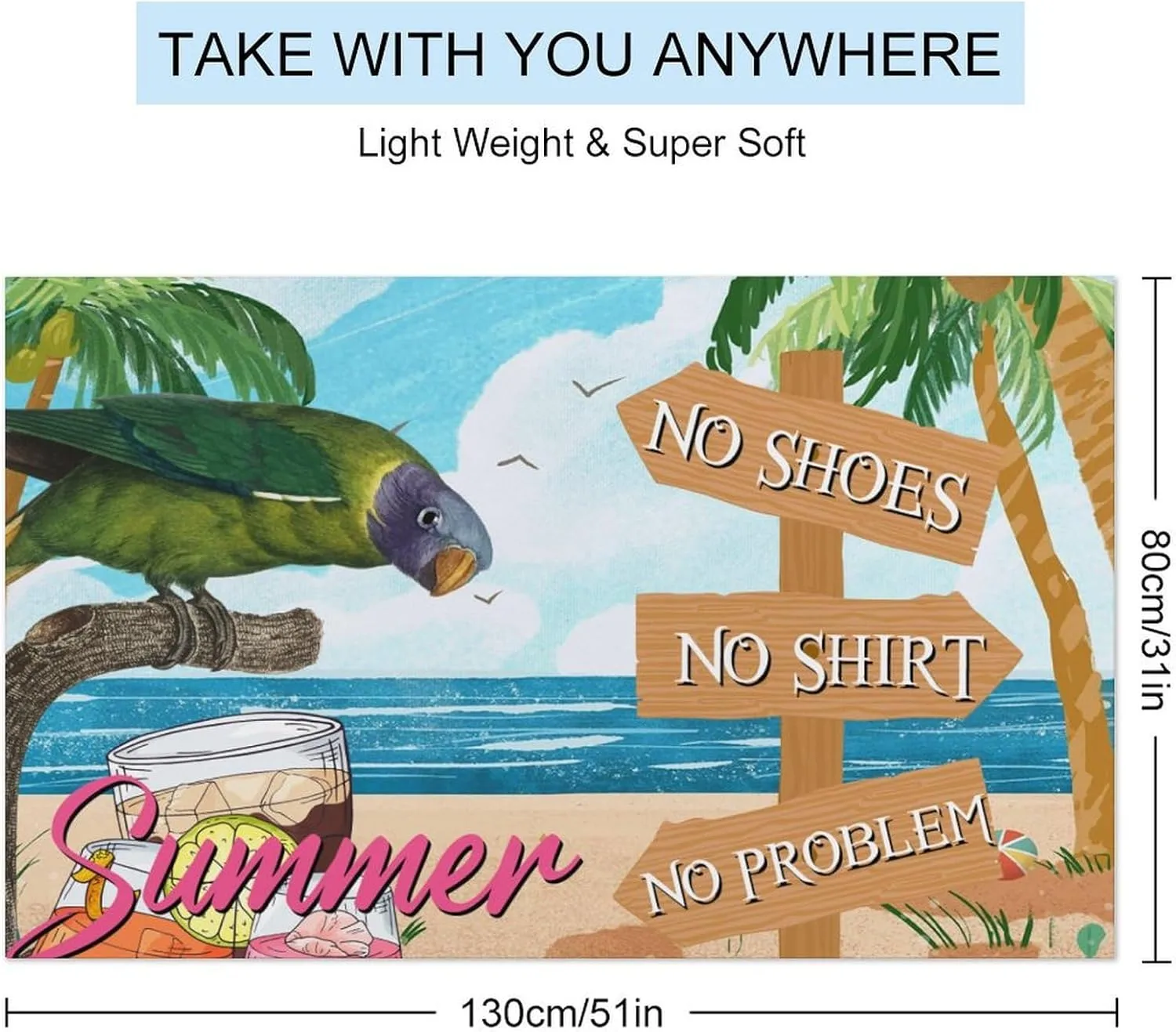 Beach Bath Towel for Men, Bar Open No Shoes No Shirt No Problem Travel Towel Quick Dry' Sandproof Lightweight Beach Blanket, Macaw Summer Hawaiian Toucan Rustic Swim Bathroom Towel 31x51 Inch