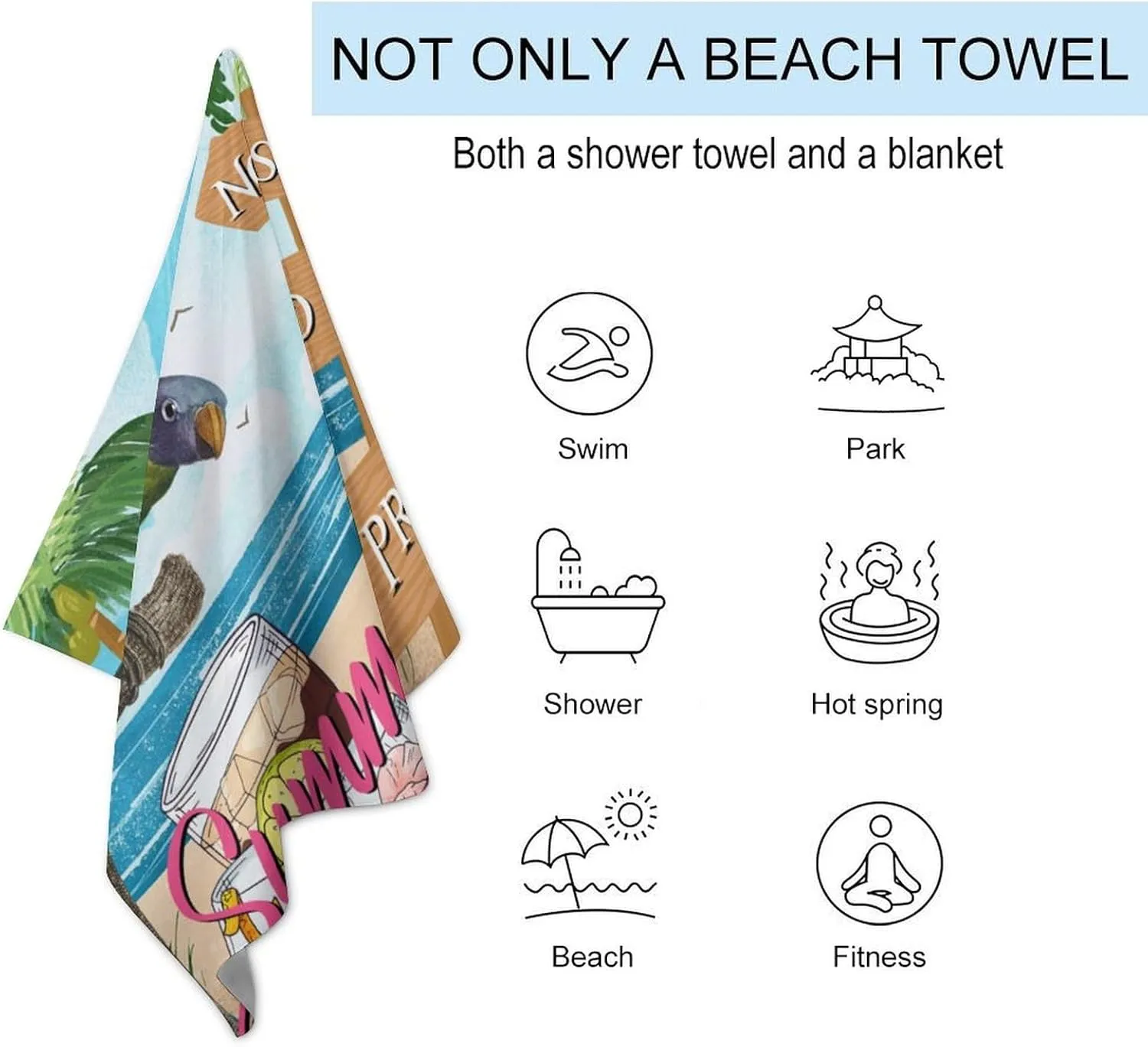 Beach Bath Towel for Men, Bar Open No Shoes No Shirt No Problem Travel Towel Quick Dry' Sandproof Lightweight Beach Blanket, Macaw Summer Hawaiian Toucan Rustic Swim Bathroom Towel 31x51 Inch