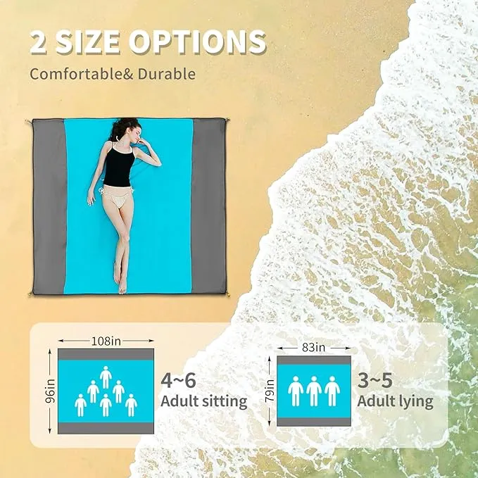 Beach Blanket, 108''*96''(274 * 243cm) Waterproof Sandproof Picnic Blankets for 4-6 Adults, Oversized Lightweight Beach Mat, Big & Compact Picnic Mat for Travel, Camping, Hiking, Beach