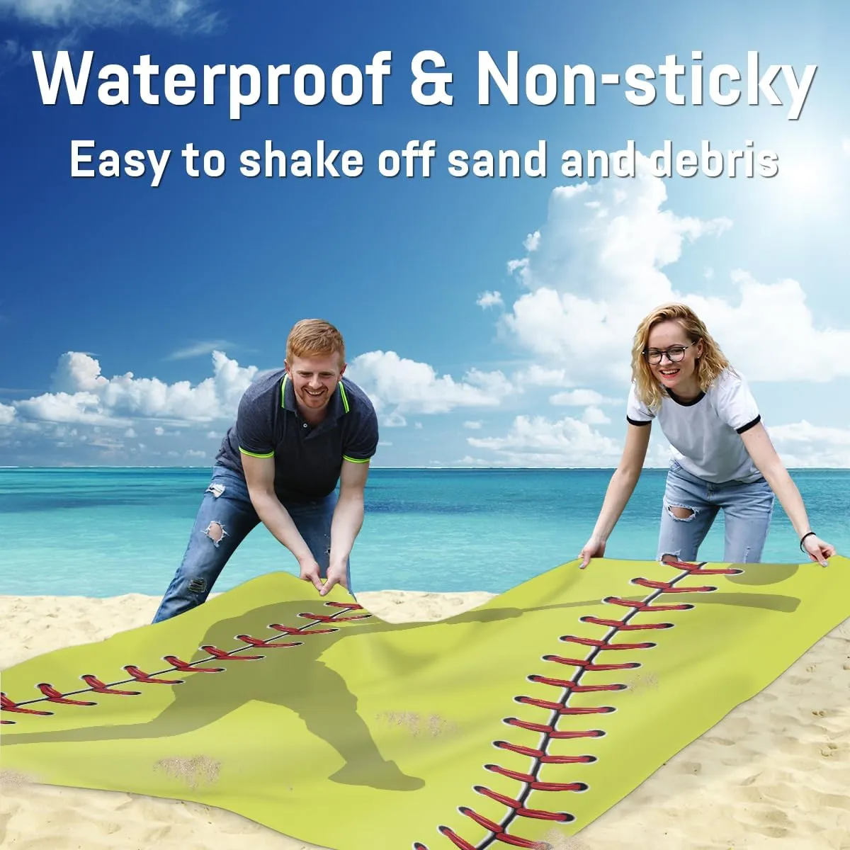 Beach Blanket, Baseball Sandproof Beach Mat, Waterproof Quick Drying Sand Free Mat with 4 x Ground Spikes for Outdoor Travel Camping Hiking, Yellow Sport Softball 68 x 59 in
