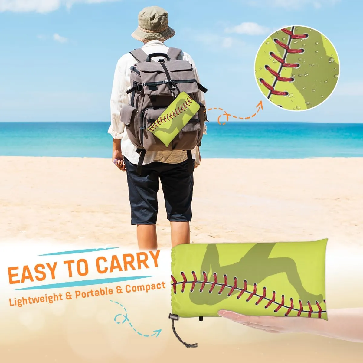 Beach Blanket, Baseball Sandproof Beach Mat, Waterproof Quick Drying Sand Free Mat with 4 x Ground Spikes for Outdoor Travel Camping Hiking, Yellow Sport Softball 68 x 59 in