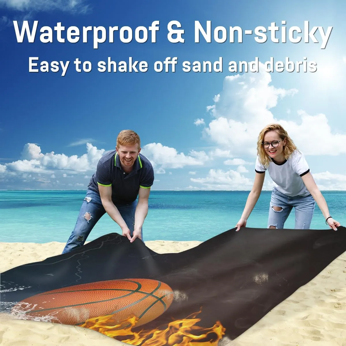 Beach Blanket, Basketball Sandproof Beach Mat, Waterproof Quick Drying Sand Free Mat with 4 x Ground Spikes for Outdoor Travel Camping Hiking, Sports 68 x 59 in