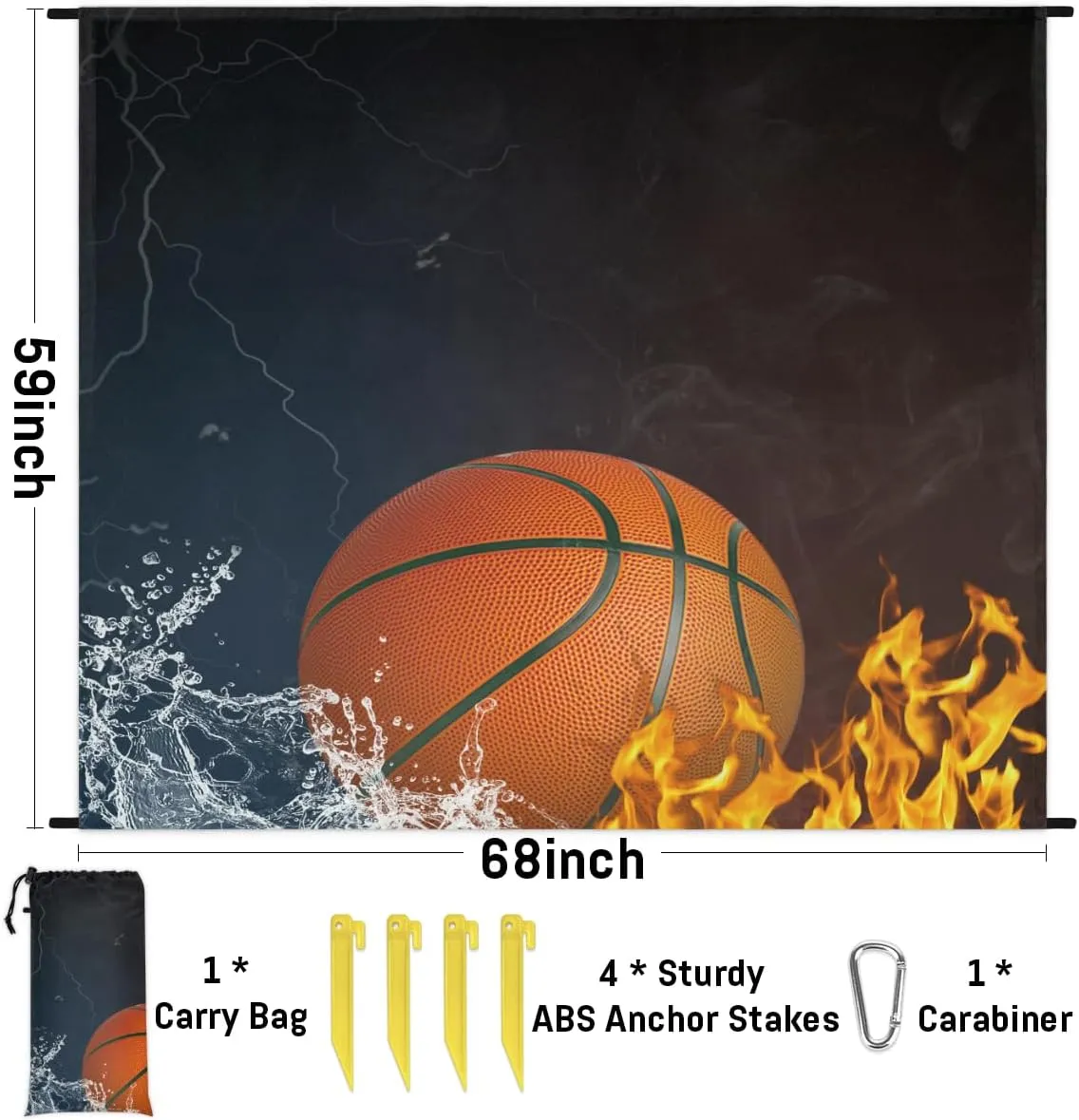 Beach Blanket, Basketball Sandproof Beach Mat, Waterproof Quick Drying Sand Free Mat with 4 x Ground Spikes for Outdoor Travel Camping Hiking, Sports 68 x 59 in