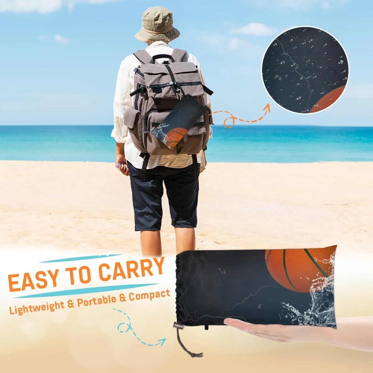 Beach Blanket, Basketball Sandproof Beach Mat, Waterproof Quick Drying Sand Free Mat with 4 x Ground Spikes for Outdoor Travel Camping Hiking, Sports 68 x 59 in
