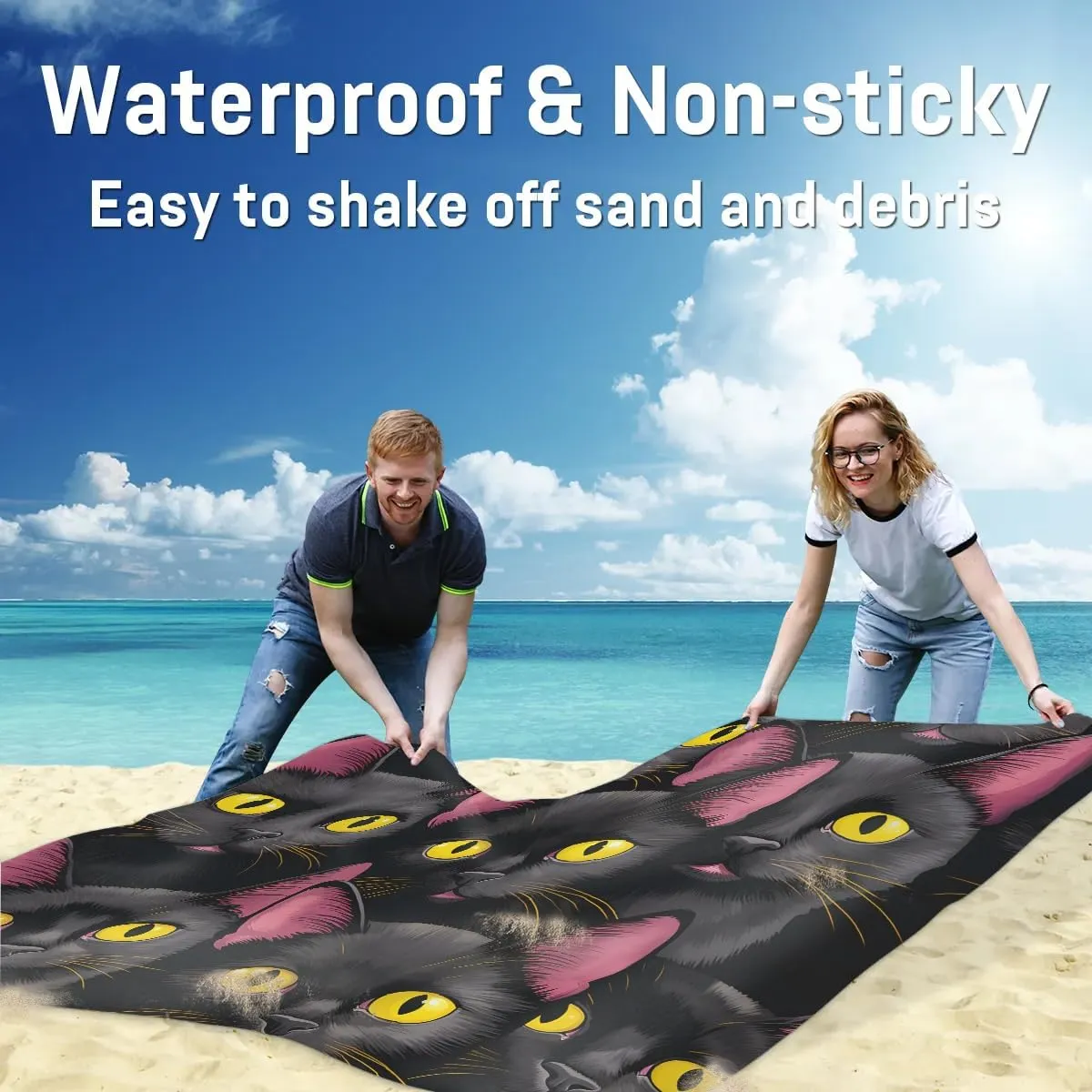 Beach Blanket, Black Cat Print Sandproof Beach Mat, Waterproof Quick Drying Sand Free Mat with 4 x Ground Spikes for Outdoor Travel Camping Hiking, Funny Cat 68 x 59 in