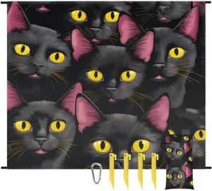 Beach Blanket, Black Cat Print Sandproof Beach Mat, Waterproof Quick Drying Sand Free Mat with 4 x Ground Spikes for Outdoor Travel Camping Hiking, Funny Cat 68 x 59 in