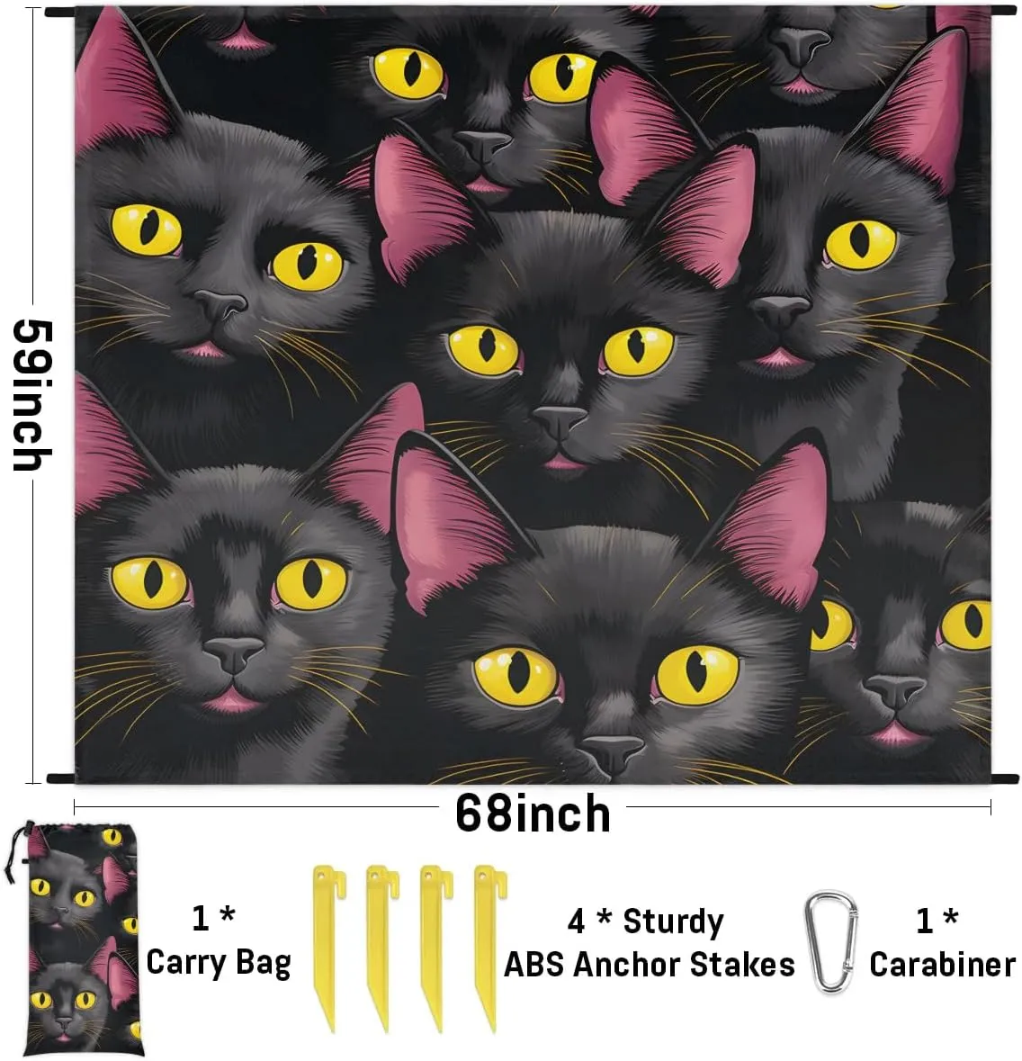 Beach Blanket, Black Cat Print Sandproof Beach Mat, Waterproof Quick Drying Sand Free Mat with 4 x Ground Spikes for Outdoor Travel Camping Hiking, Funny Cat 68 x 59 in