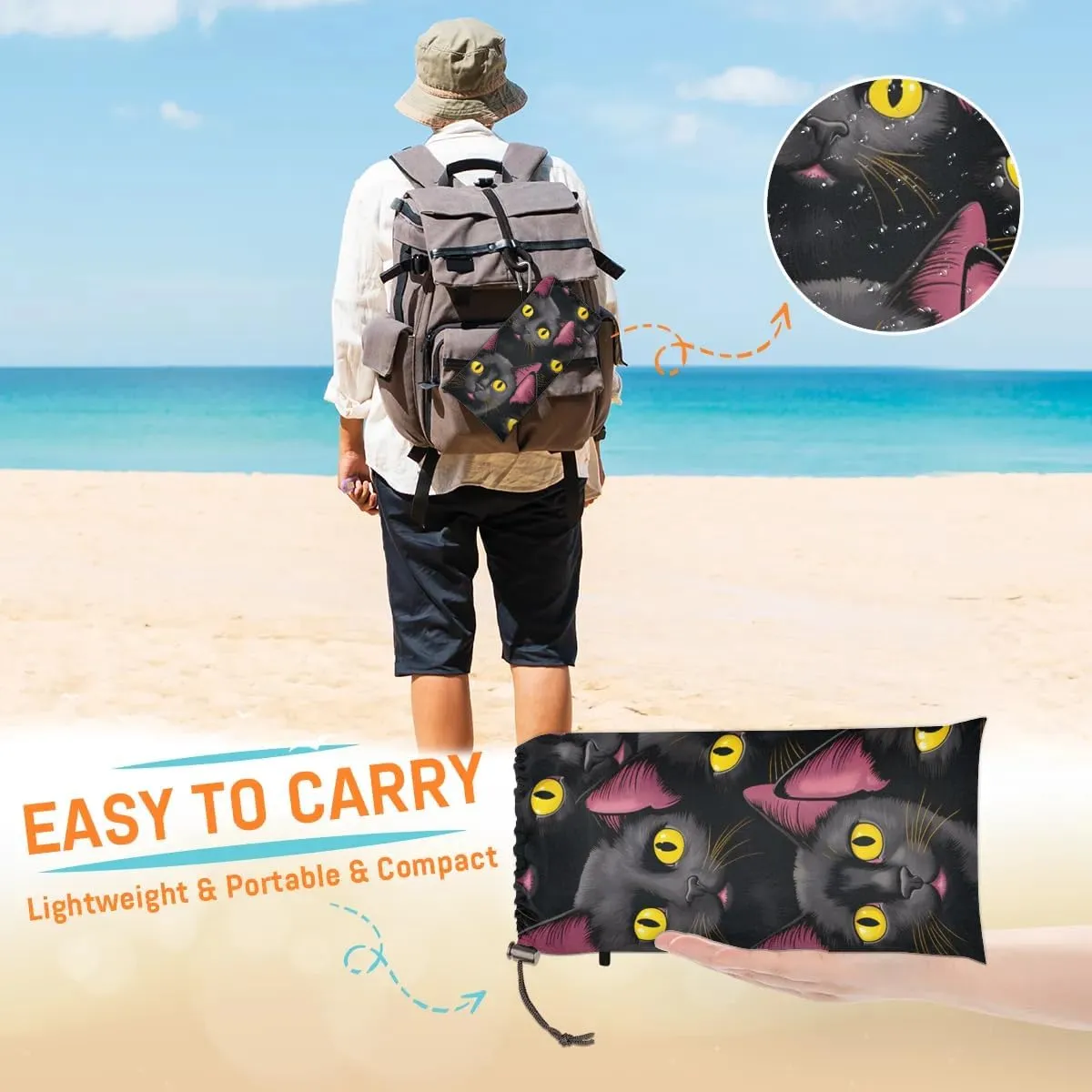 Beach Blanket, Black Cat Print Sandproof Beach Mat, Waterproof Quick Drying Sand Free Mat with 4 x Ground Spikes for Outdoor Travel Camping Hiking, Funny Cat 68 x 59 in