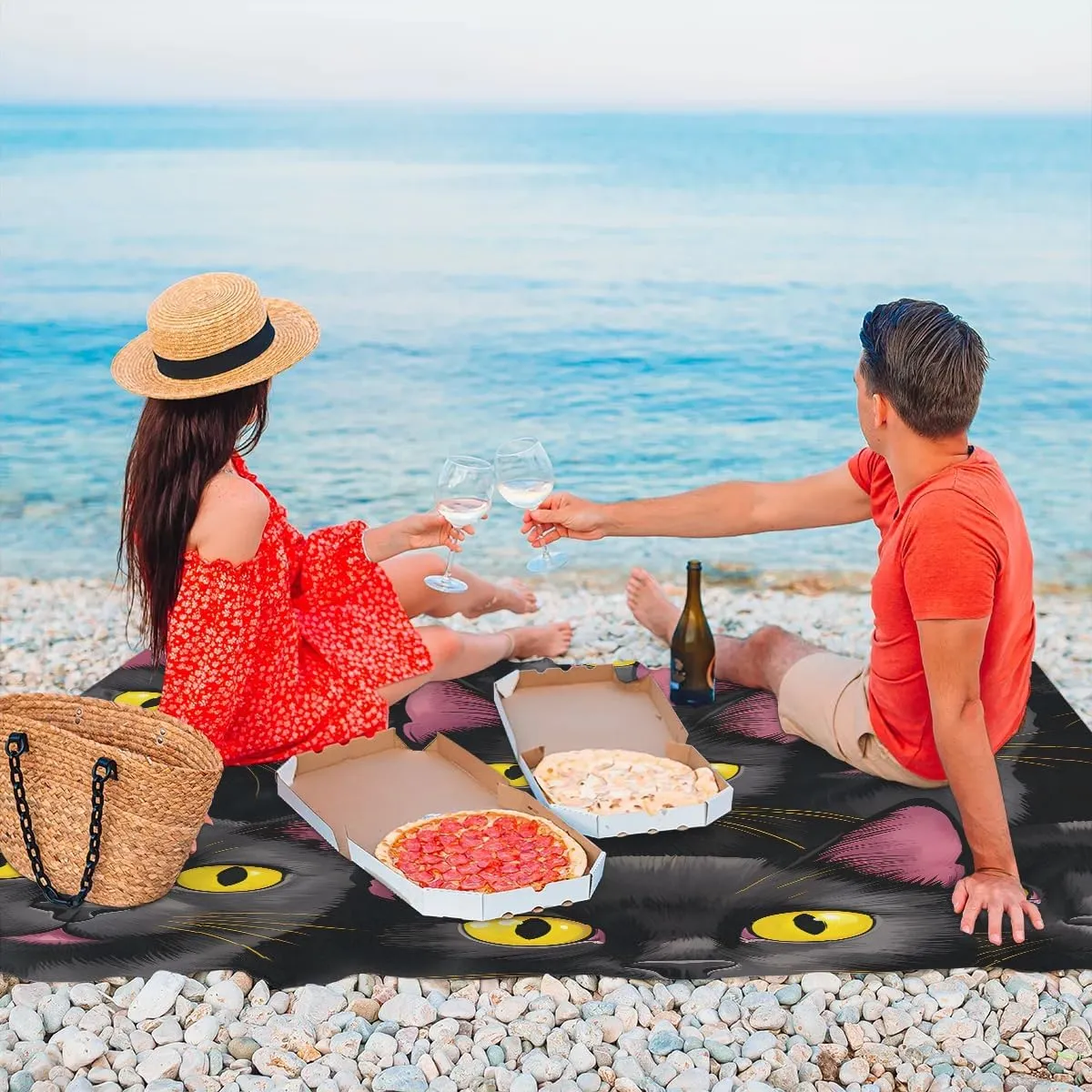 Beach Blanket, Black Cat Print Sandproof Beach Mat, Waterproof Quick Drying Sand Free Mat with 4 x Ground Spikes for Outdoor Travel Camping Hiking, Funny Cat 68 x 59 in