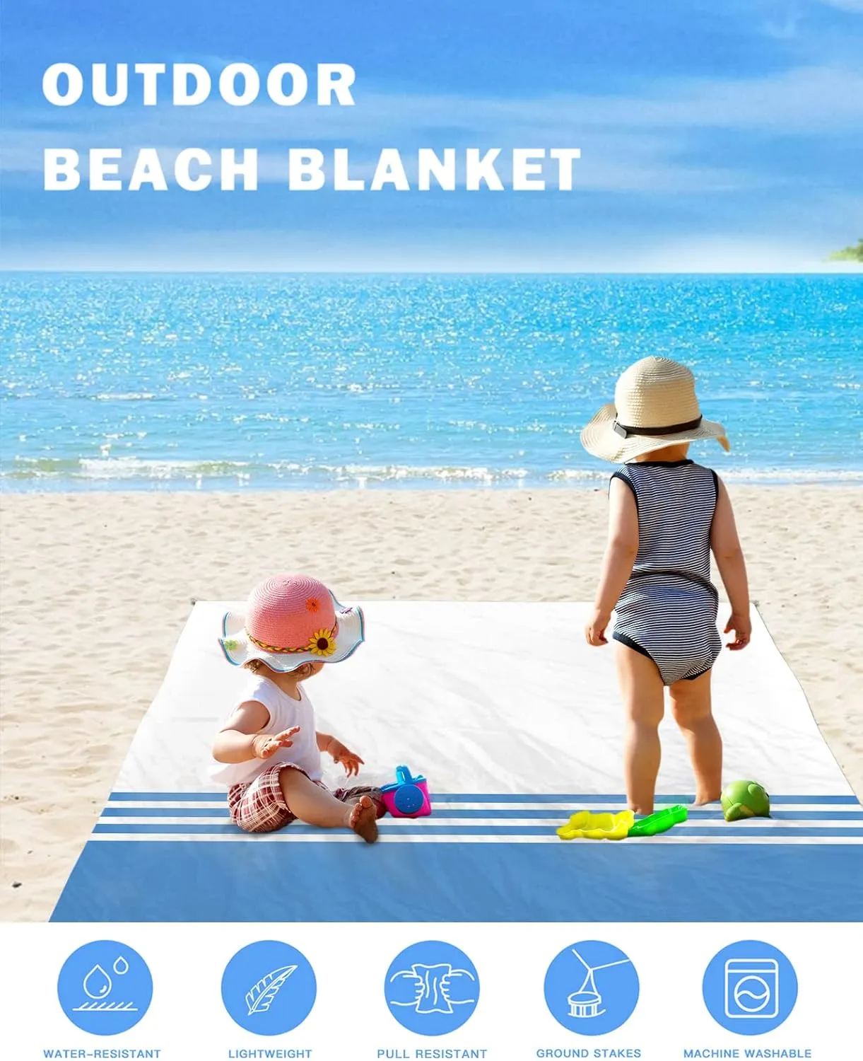 Beach Blanket Blue White Stripes Geometry Sandproof Waterproof Beach Mat Modern Minimalist Sand Free Mat Quick Drying Beach Essentials for Vacation Lightweight with 4 Stakes & Corner Pockets 118"x108"