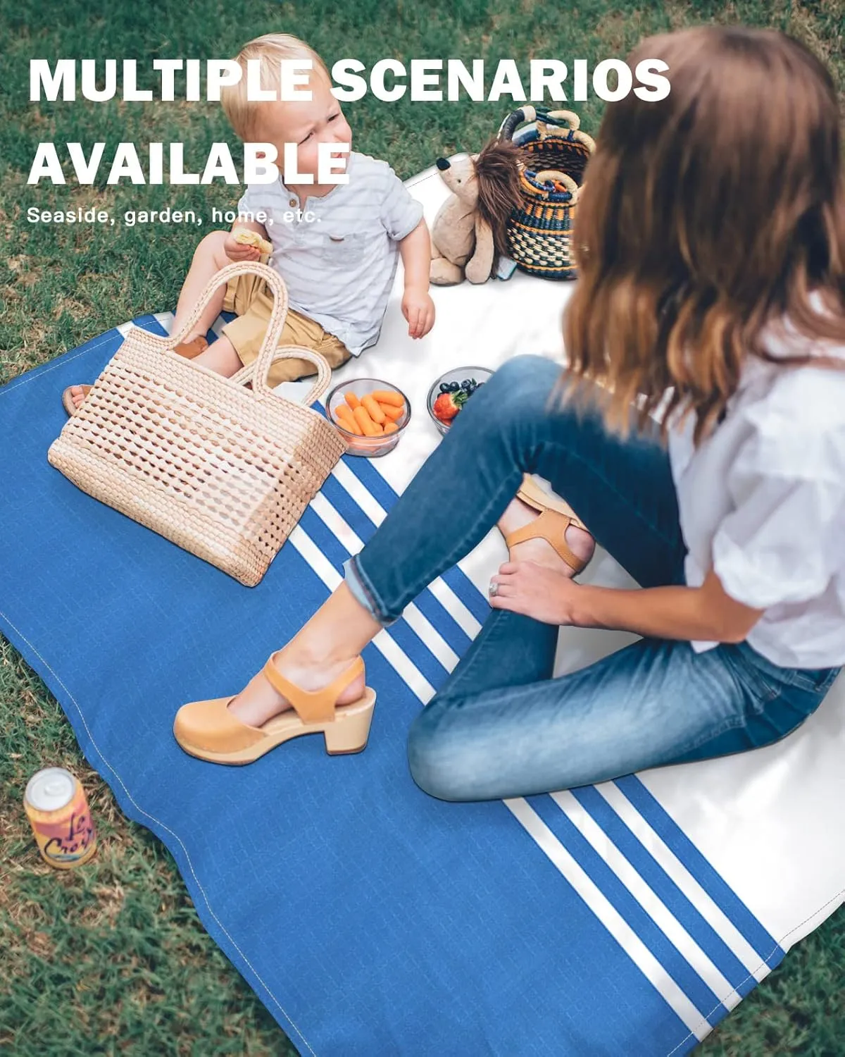 Beach Blanket Blue White Stripes Geometry Sandproof Waterproof Beach Mat Modern Minimalist Sand Free Mat Quick Drying Beach Essentials for Vacation Lightweight with 4 Stakes & Corner Pockets 118"x108"