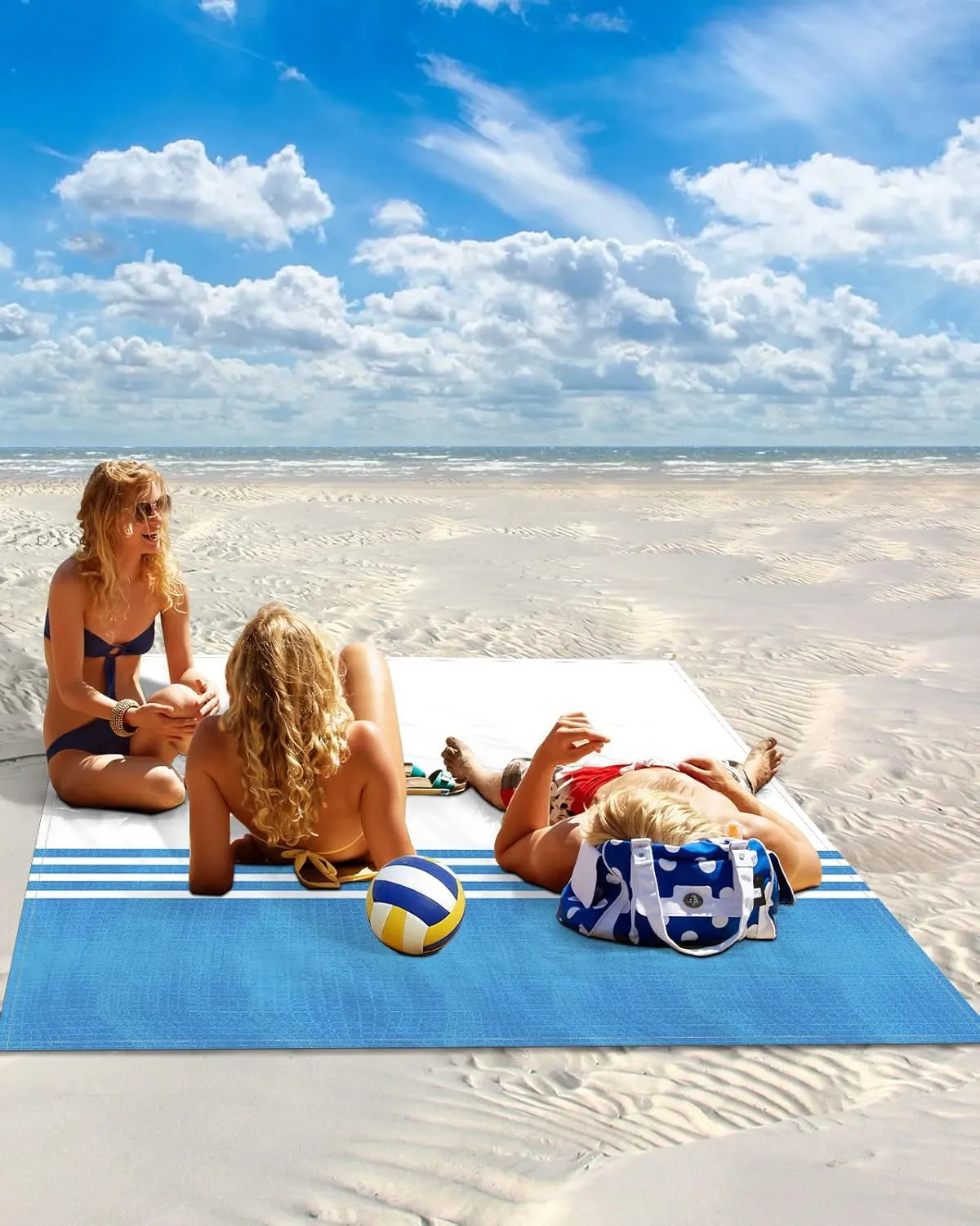 Beach Blanket Blue White Stripes Geometry Sandproof Waterproof Beach Mat Modern Minimalist Sand Free Mat Quick Drying Beach Essentials for Vacation Lightweight with 4 Stakes & Corner Pockets 118"x108"